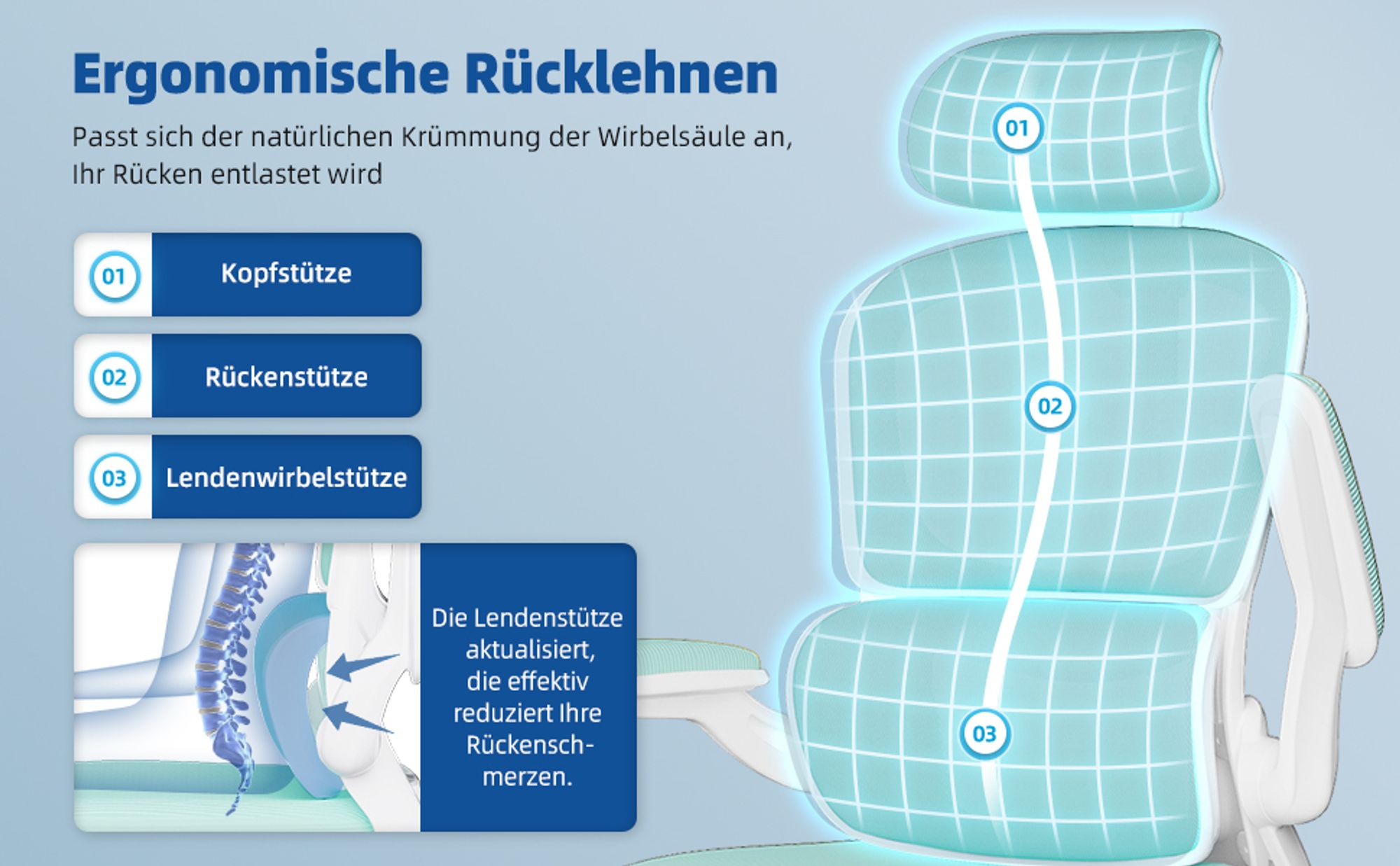Adormii Bürostuhl Ergonomisch Schreibtischstuhl Verstellbarer Kopfstütze Umklappbare Armlehnen Lordosenstütze Drehstuhl Chefsessel Wippfunktion 150kg