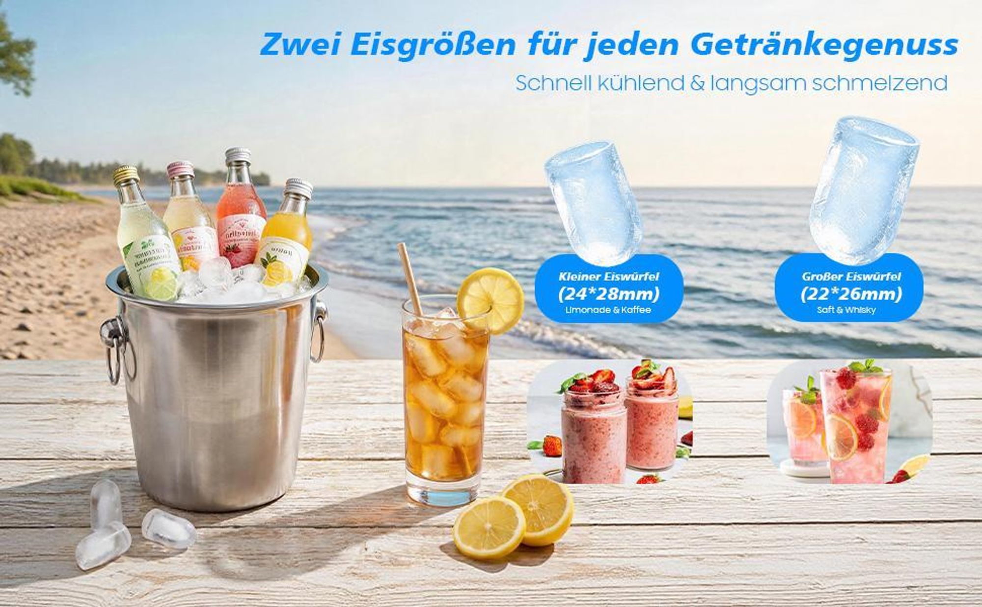 Eiswürfelmaschine, 12kg/24h, 8 Eiswürfel in 6–13 Minuten, 2 Eiswürfelgrößen, Selbstreinigungsfunktion, LED-Anzeige, tragbar, Schwarz