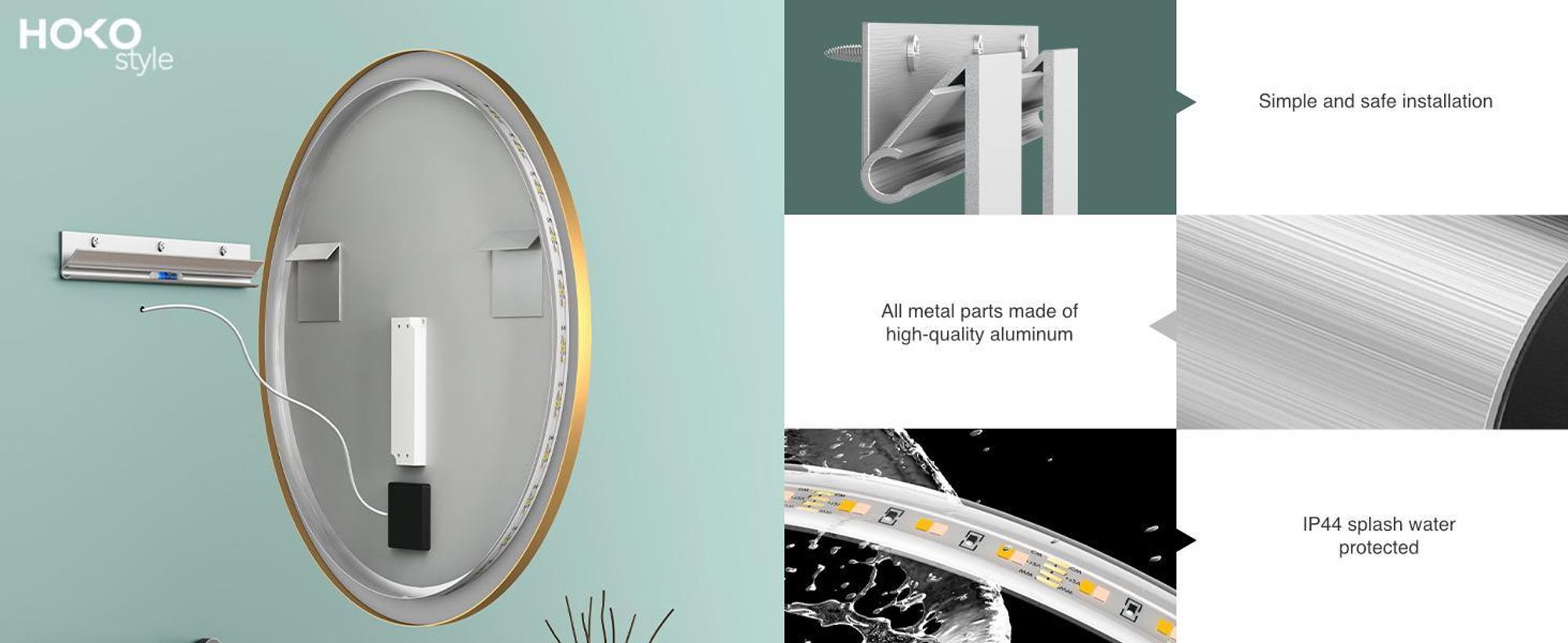 Specchio da bagno LED rotondo HOKO, diametro 80 cm, con cornice dorata, funzione antiappannamento, interruttore touch, funzione di memoria e regolazione della temperatura del colore da 2700 a 6500 K, grado di protezione IP44, colore Marsala