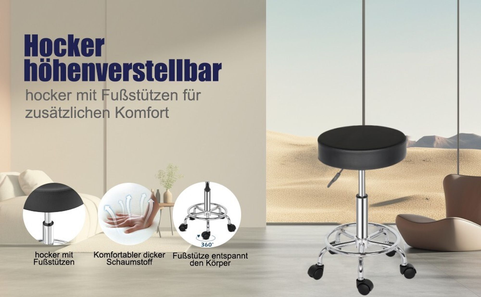 FCH Drehhocker Rollhocker höhenverstellbar Arbeitshocker Drehstuhl Praxishocker Kosmetikhocker Rollen