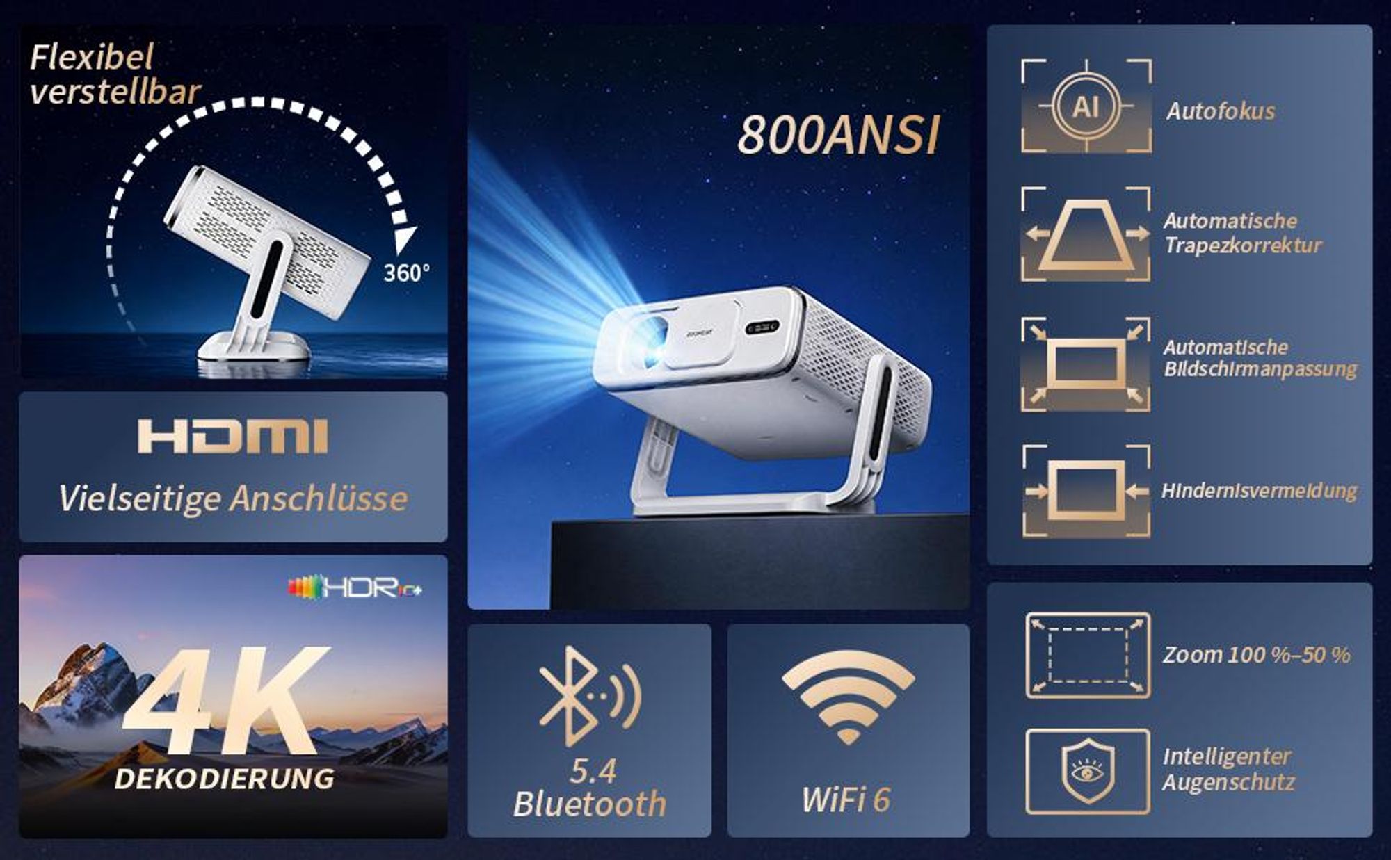 Beamer 4K, offizielle Netflix-, KI-Autofokus & automatische Trapezkorrektur, 800 ANSI, 1080P Full HD, WiFi6 Bluetooth Smart Projektor