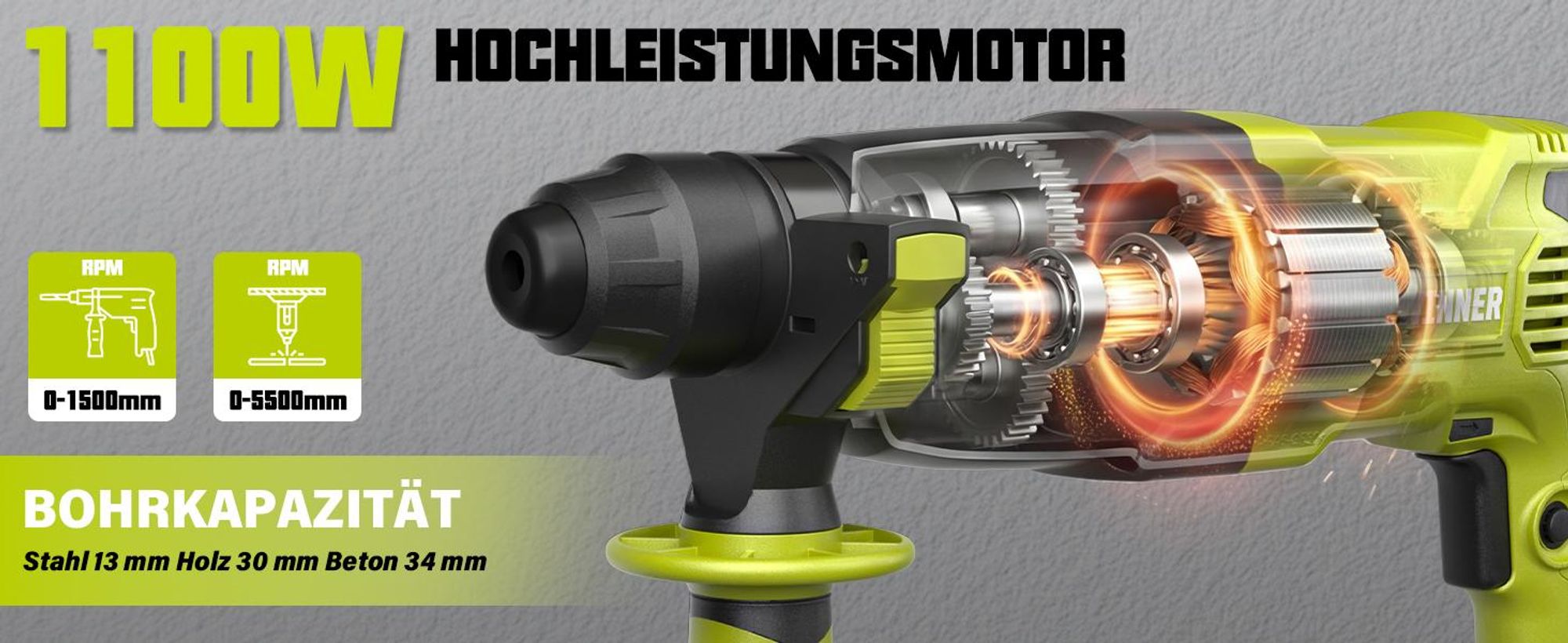 DEWINNER Bohrhammer, 1100 W, 3,4 J, Bohrhammer 0 – 1500 U/5500 BPM mit 4 Funktionen und Sicherheitskupplung, 20 Zubehörteile, variable Geschwindigkeit