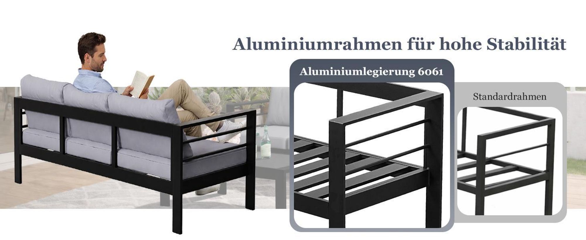 MeXo Gartenlounge-Set Gartenmöbel Set Aluminium Wetterfest 6-7 Personen, mit 12cm Deluxe Relax-Sitzkissen, pflegeleichte Polywood-Tischplatte