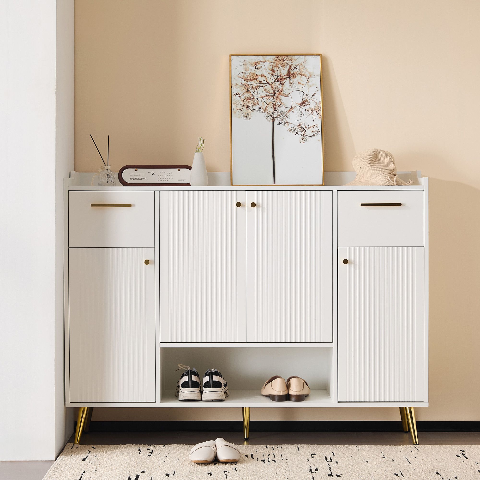 Merax Schuhschrank mit 2 Schubladen und 4 Türen, modernes Design mit Metallfüßen, Maße: H100/B130/T37 cm