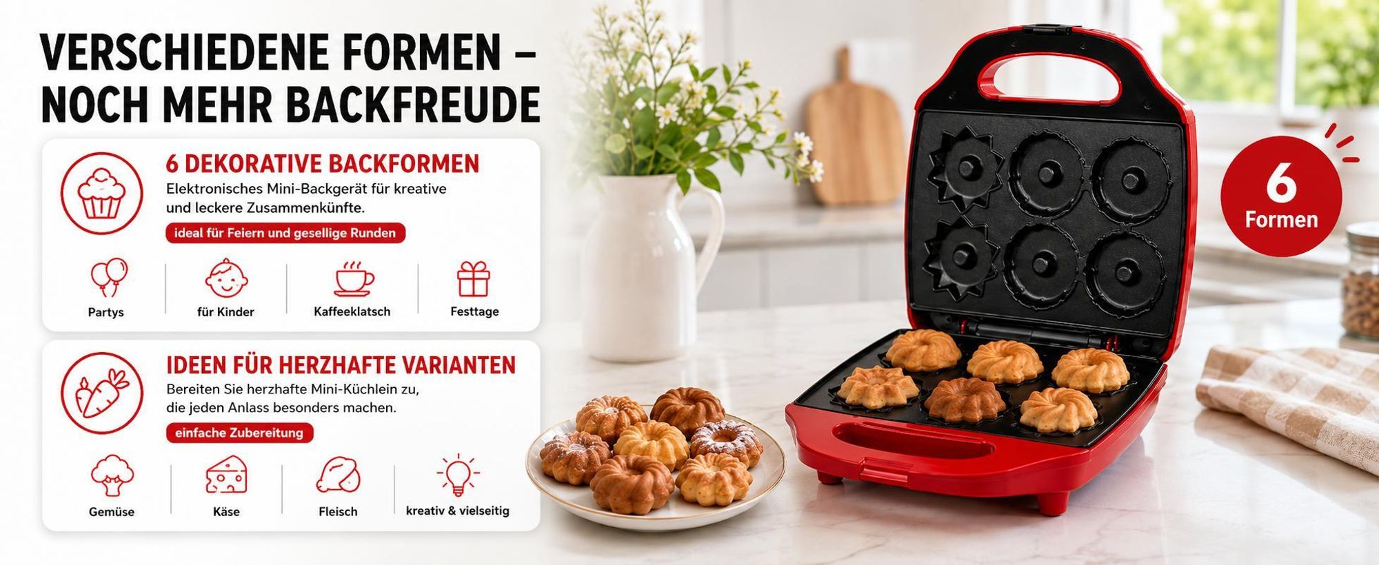 Kalorik Guglhupfbäcker Traditionsformen, 3 Formen für leckere Törtchen, 900 W, Rot, TKG CKM 1007 RD