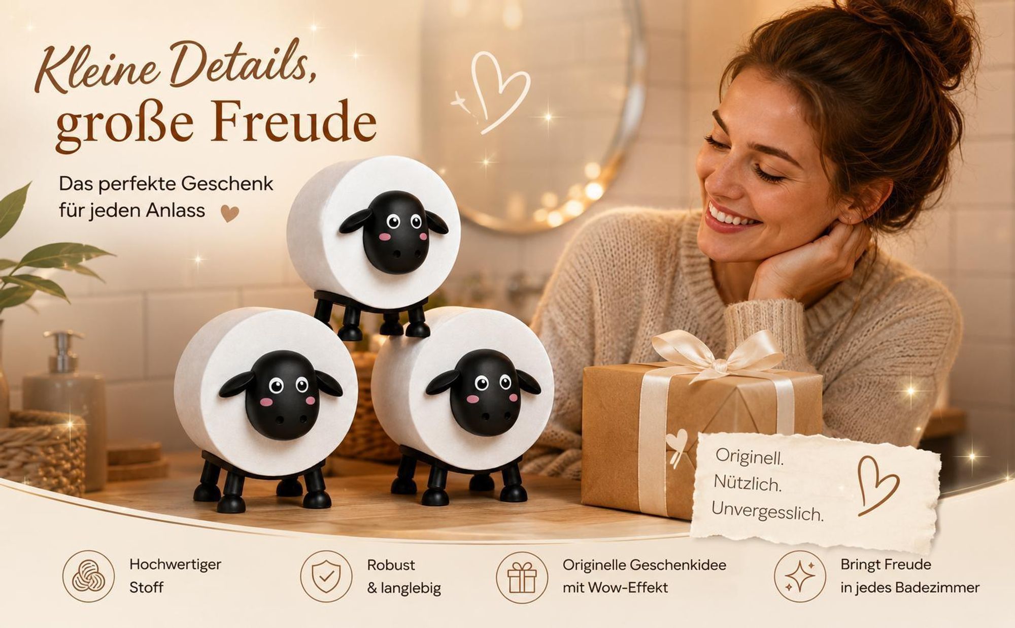WC Rollenhalter Schaf – Lustiger Toilettenpapierhalter als Deko für Badezimmer | Kreatives Rollenregal in Tierform für 1 Rolle – Schaf Deko schwarz