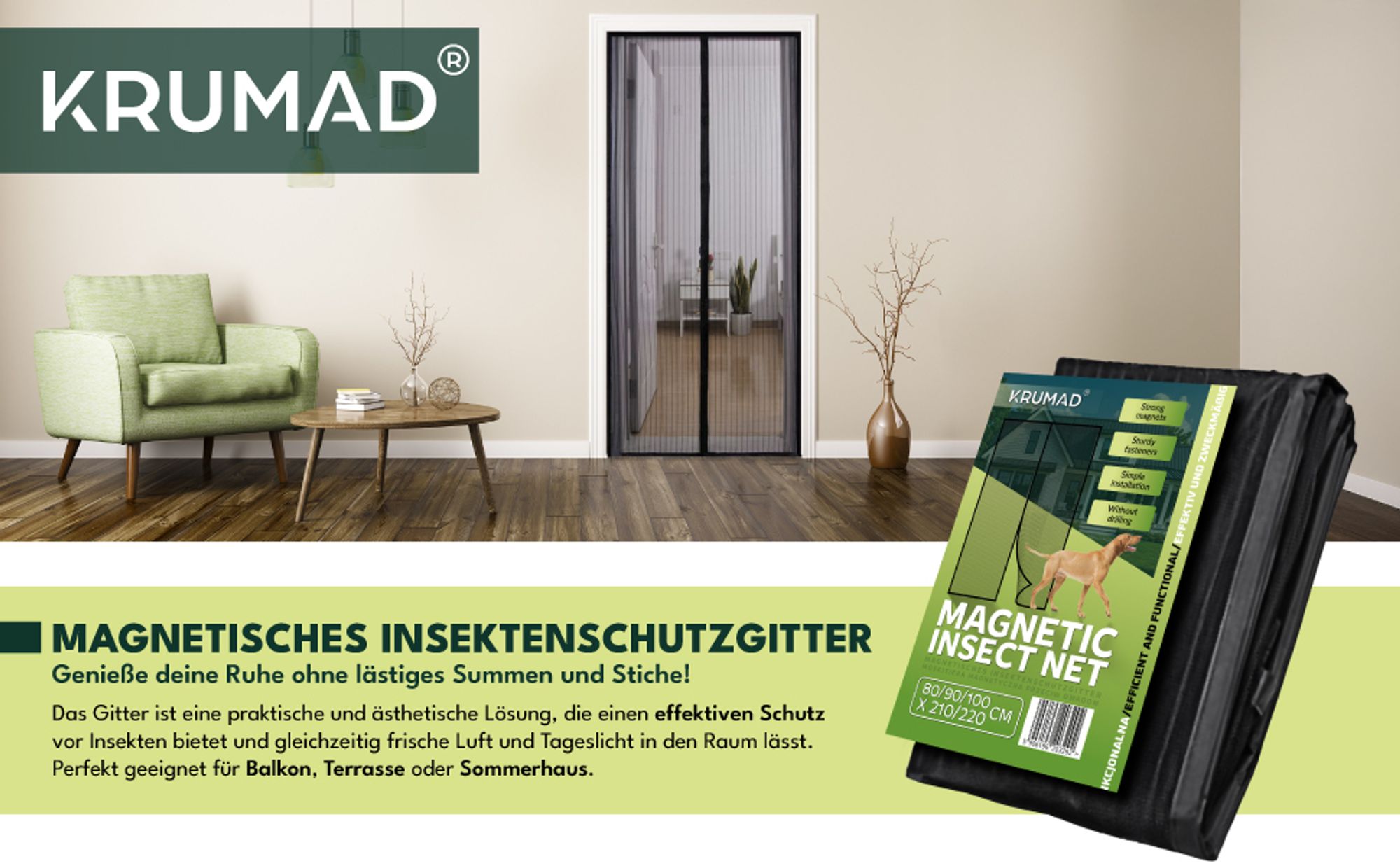 KRUMAD Fliegengitter Tür Magnet 100x220 cm Zuschneidbar 80/90/100 x 210/220 cm Insektenschutz Balkontür ohne Bohren Fliegengitter Balkontür Schwarz