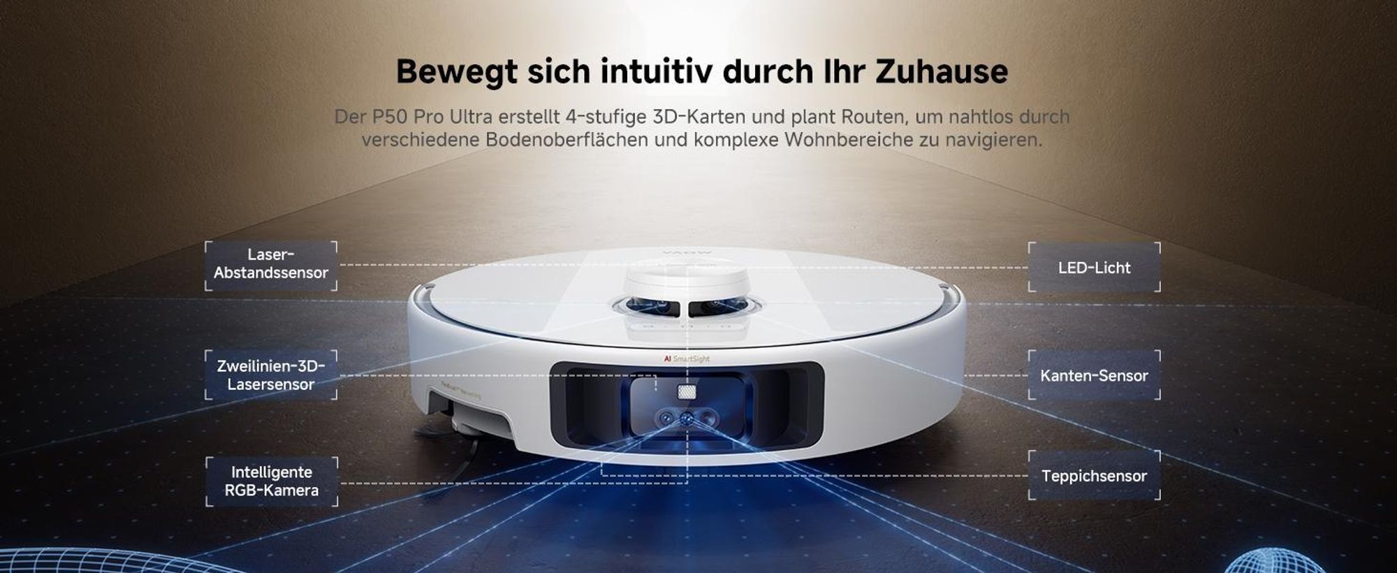 Mova P50 Pro Ultra Staubsaugerroboter mit Mopp, 19.000 Pa, 75℃ Heißwasser-Mopp, +RGB AI+LED-Hindernisvermeidung, Auto-Entleerung/Nachfüllen