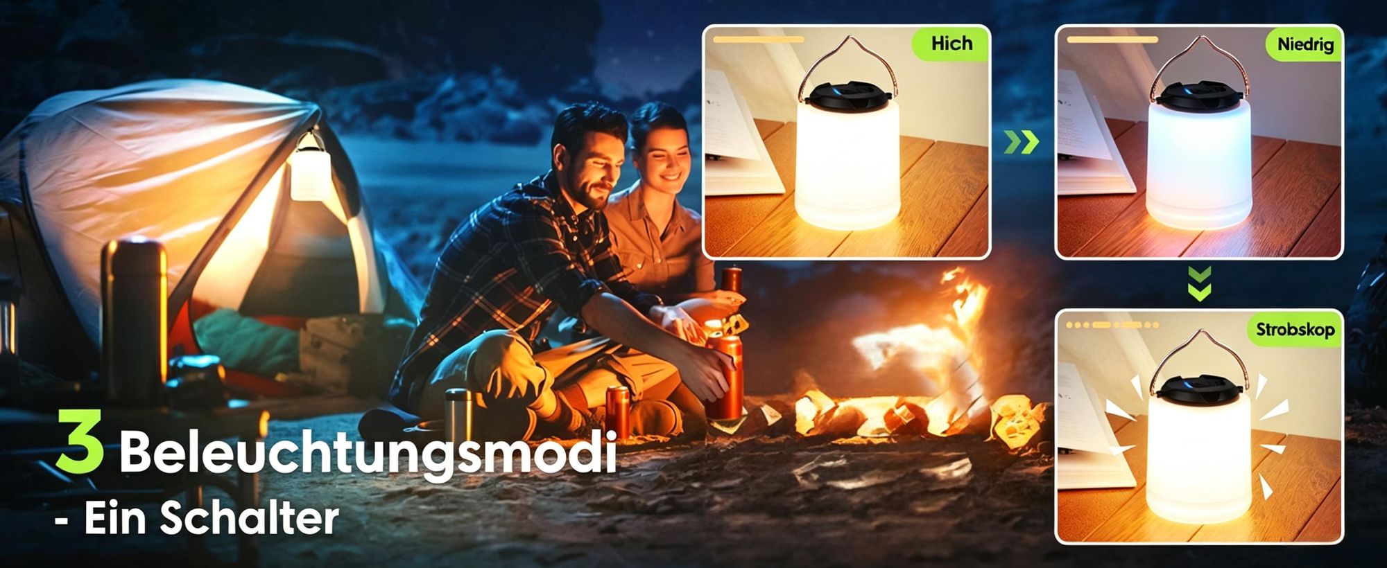 2er Campinglampe Wiederaufladbar, Camping Laterne, 3000K Warmweiß Licht, Helligkeit Einstellbar 3 Lichtmodi, 10+Std.Betriebsdauer Wasserdichte