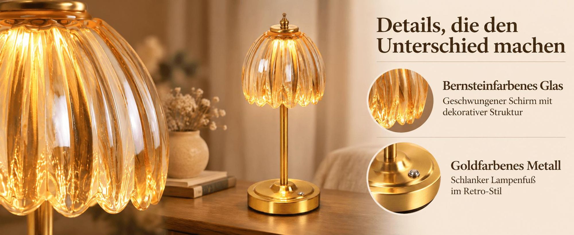 Akku-Tischlampe mit bernsteinfarbenem Glasschirm, Touch-Steuerung, 3 Lichtfarben, stufenlos dimmbar, USB-C, 34 cm, für Schlafzimmer und Wohnzimmer