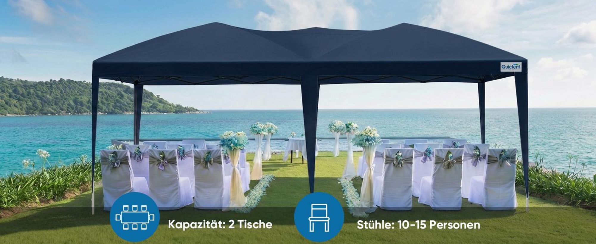 Quictent Faltpavillon 3x6m mit 6 Seitenteilen, Gartenpavillon mit Doppeln Entlüftung, Wasserdicht Stabil Pavillon mit 4 Sandsäcke & Rollentasche Blau