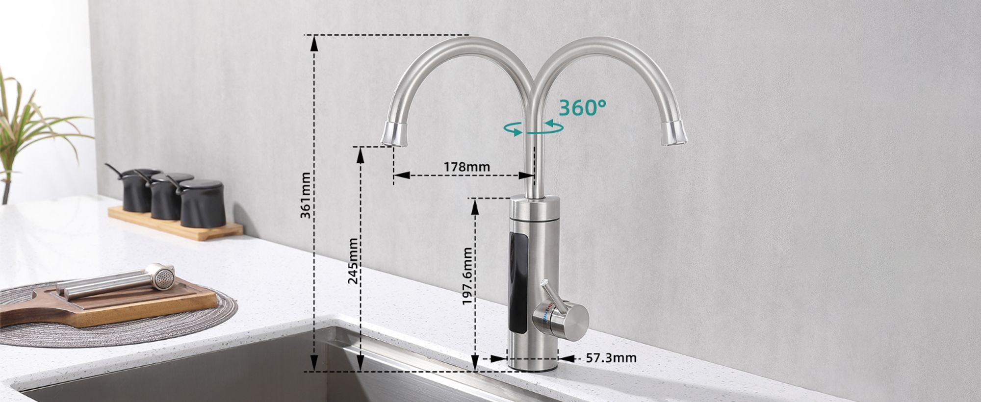 Homelody Elektrische Küchenarmatur mit Wasserfilter, Wasserhahn 360° drehbar mit Durchlauferhitzer, Wasserhahn Trinkwasserfilter LED Temperaturanzeige