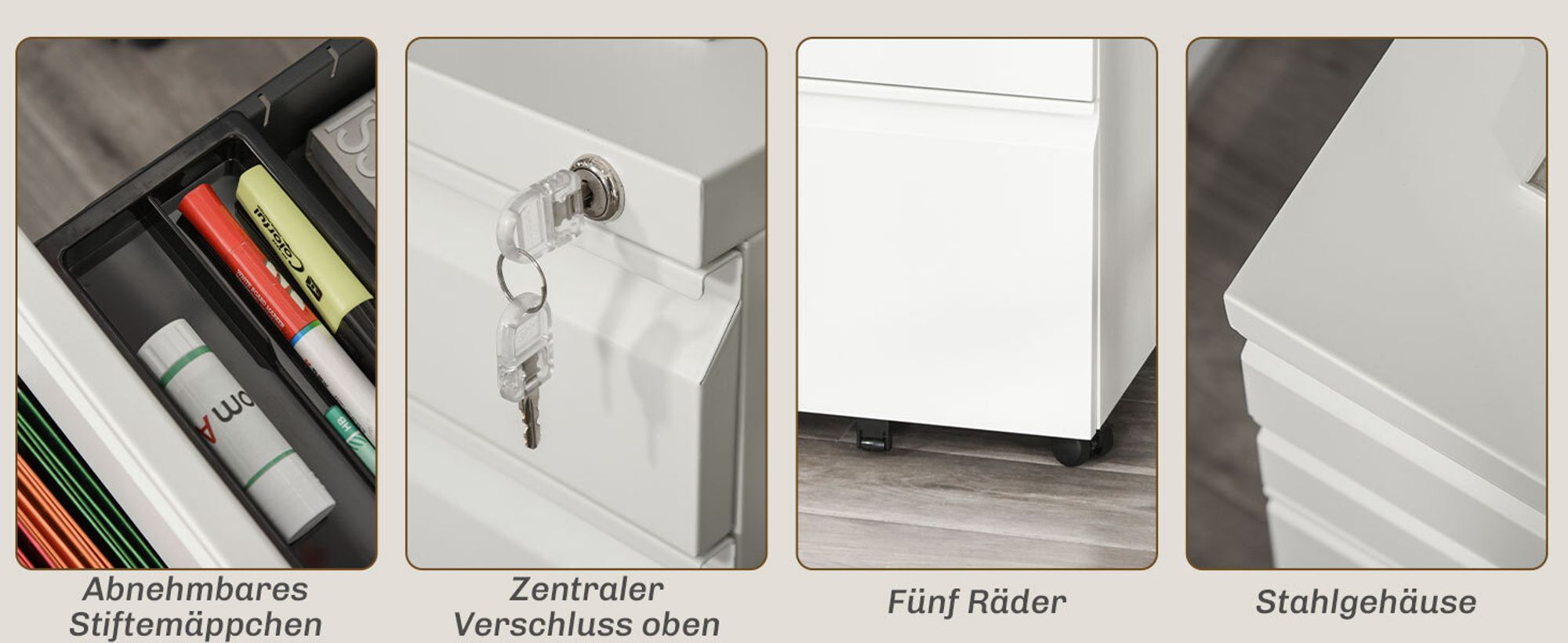 Vinsetto Aktenschrank Büroschrank mit Rädern Bürocontainer mit konkavem Griff Rollcontainer mit 3 Schubladen für Home-Office Stahl Weiß 39 x 48 x 60 cm
