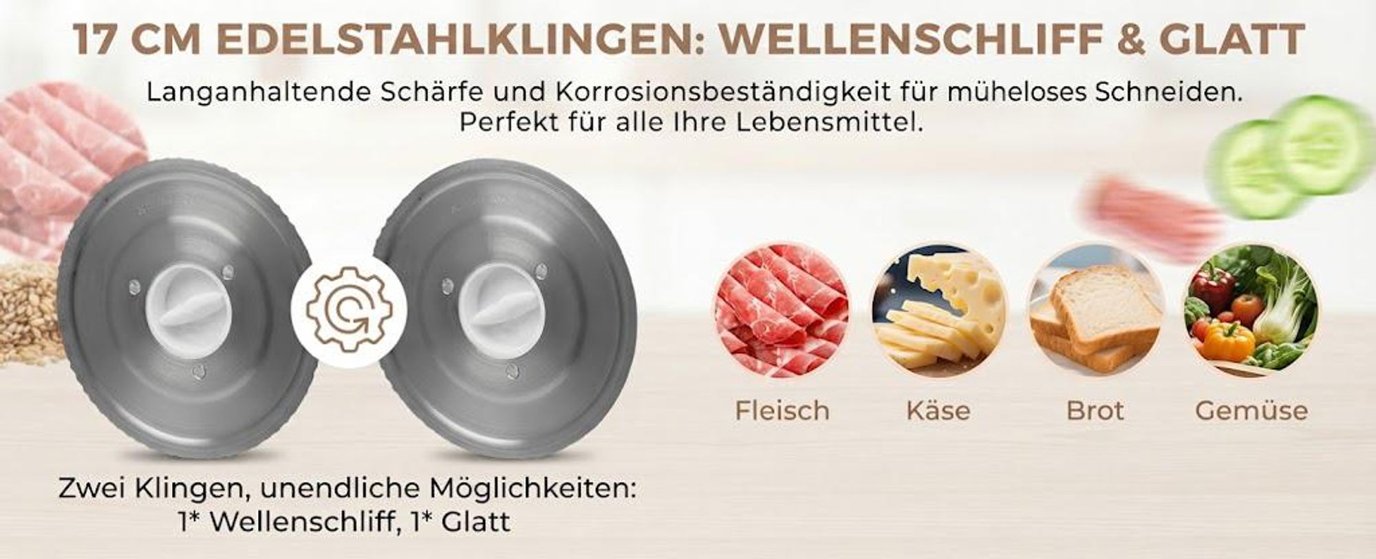 Allesschneider Elektrischer Allesschneider, 250 W Verstellbare Küchenmaschine 0 bis 15mm, 2 Klingen, Geeignet für Küche