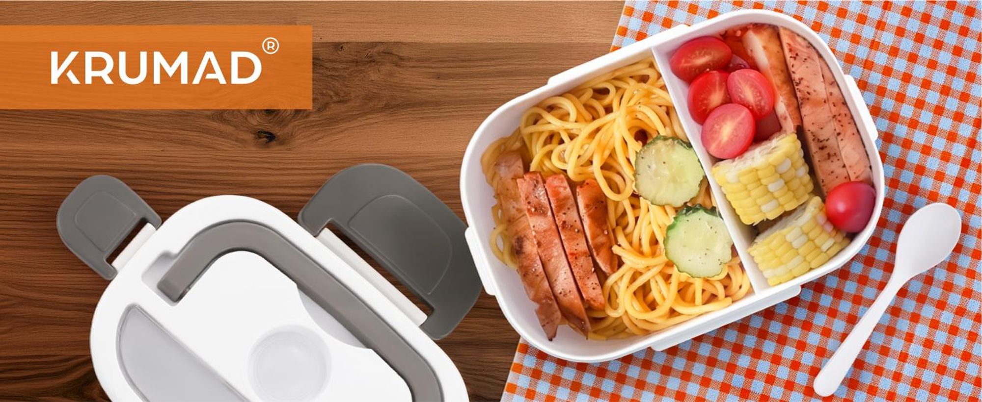 KRUMAD Elektrische Lunchbox 1,05L, 12V/24V/230V Food Warmer mit 2 Fächern, Schnellaufwärmen für Büro, Auto, Arbeit, USB-Aufladung, Kompakt & Praktisch