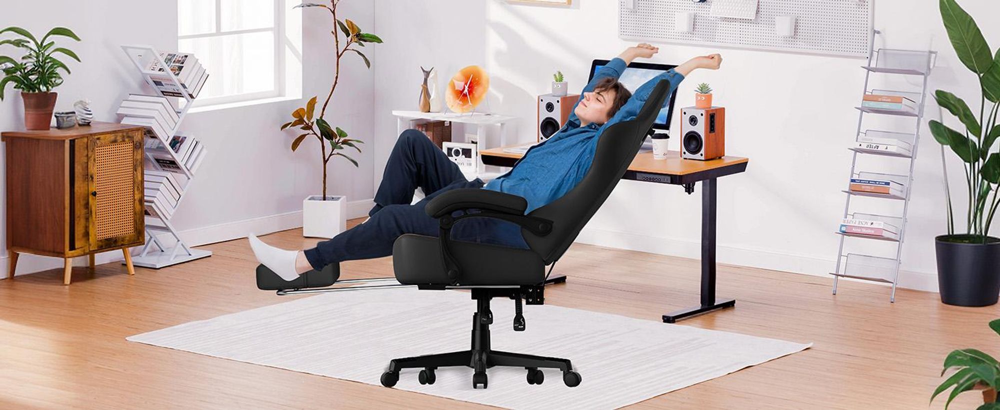 GTPLAYER Gaming Stuhl Ergonomischer Gaming Sessel Schreibtischstuhl Bürostuhl mit Kunstleder Federsitzkissen, Verbindungsarmlehnen, mit Fußstütze