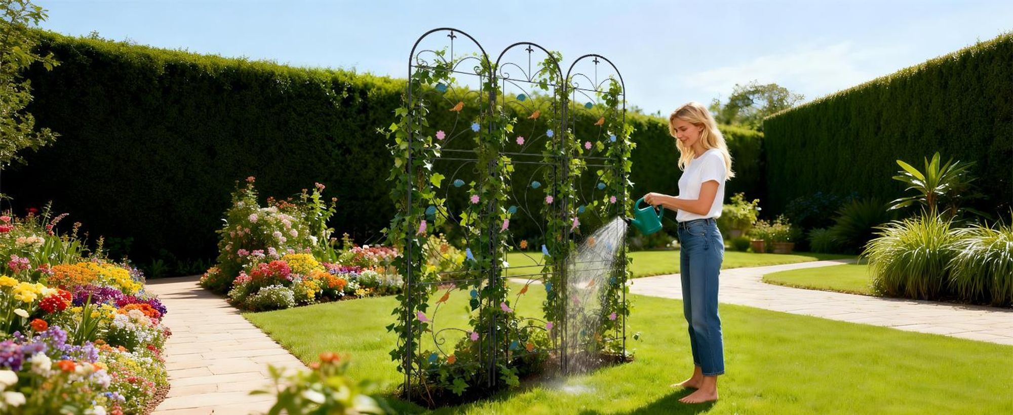 WISFOR Rankhilfe 2er Set Metall, rostfrei Rankhilfe Garten Spalier Rankzaun Kletterpflanzen Rosengitter Pflanzengitter Garten mit Farbige Deko