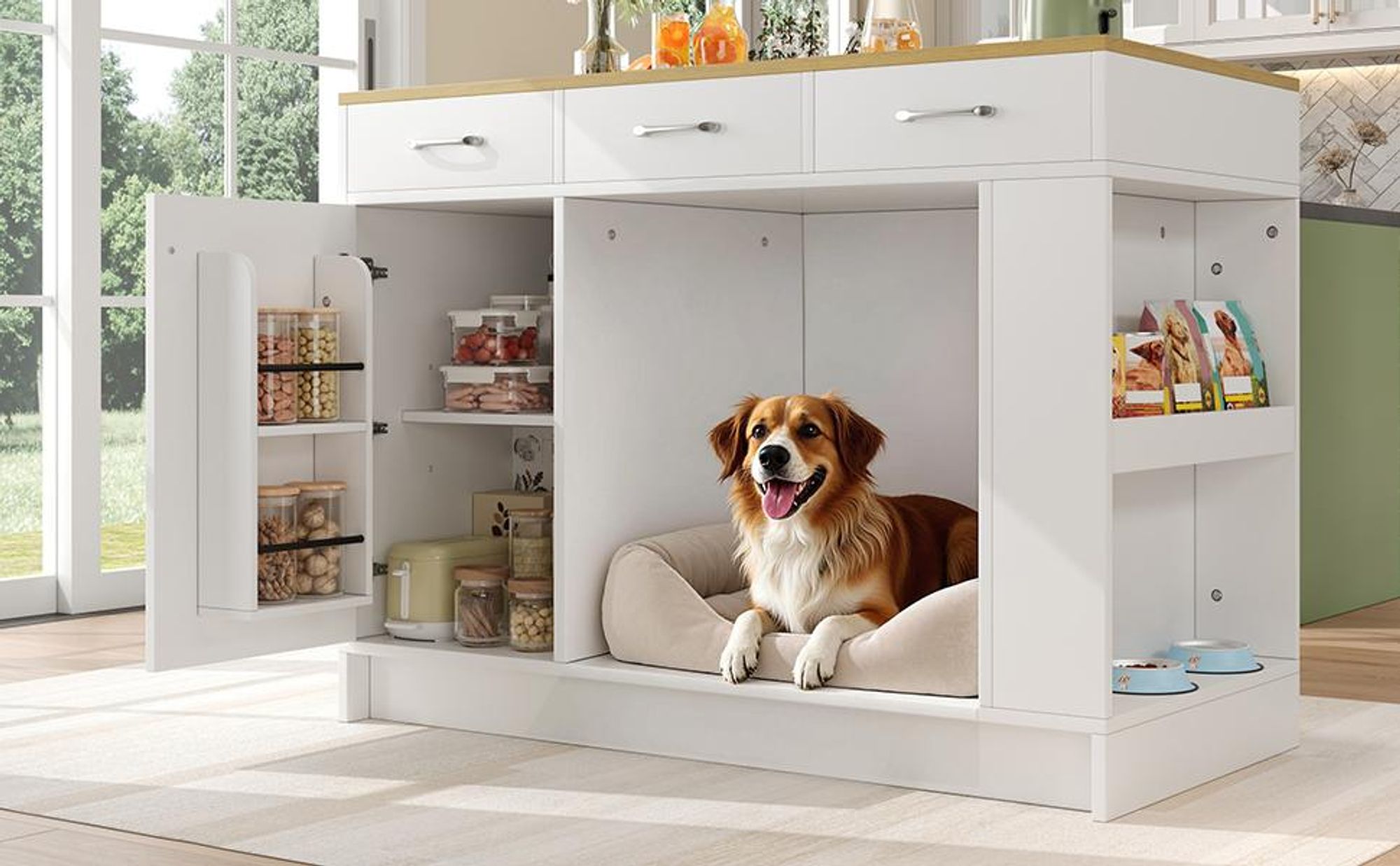 Merax Sideboard Kücheninsel mit Haustierbereich, 3 Schublade, X-Tür, Gewürzregal, Katzennapfbereich, Küchenwagen, Küchenschrank, 120×60×90 cm, Natur