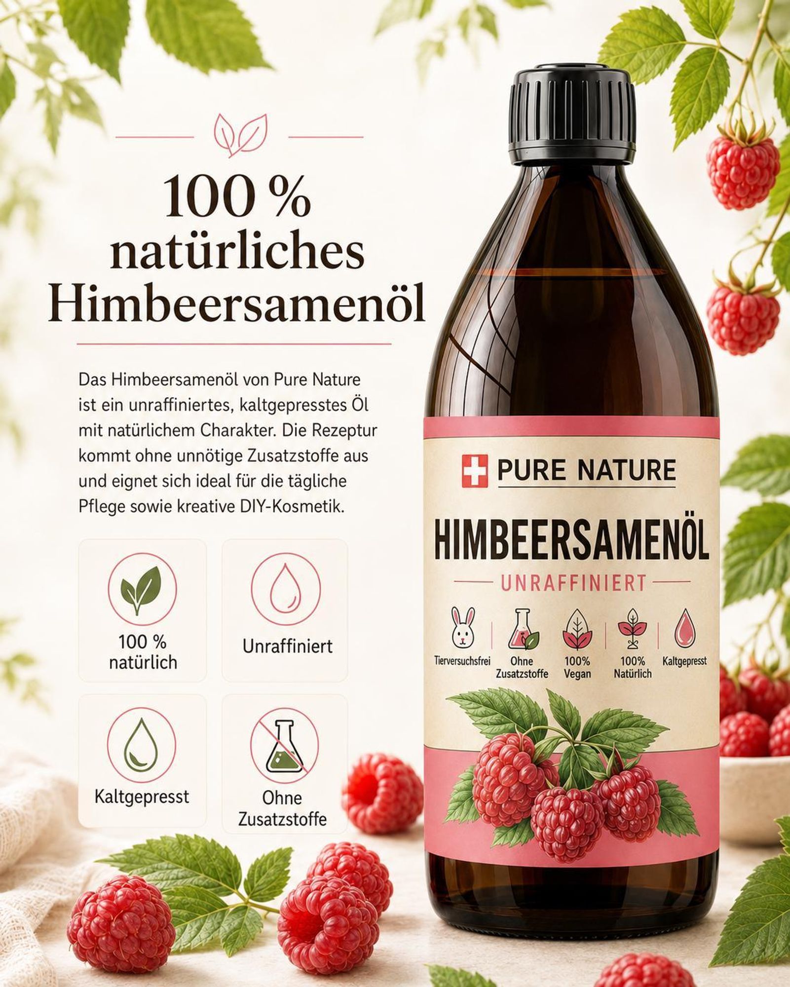 PURE CHEMICAL | Himbeersamenöl | unraffiniert | natürlich | kaltgepresst + Spender | 1 L
