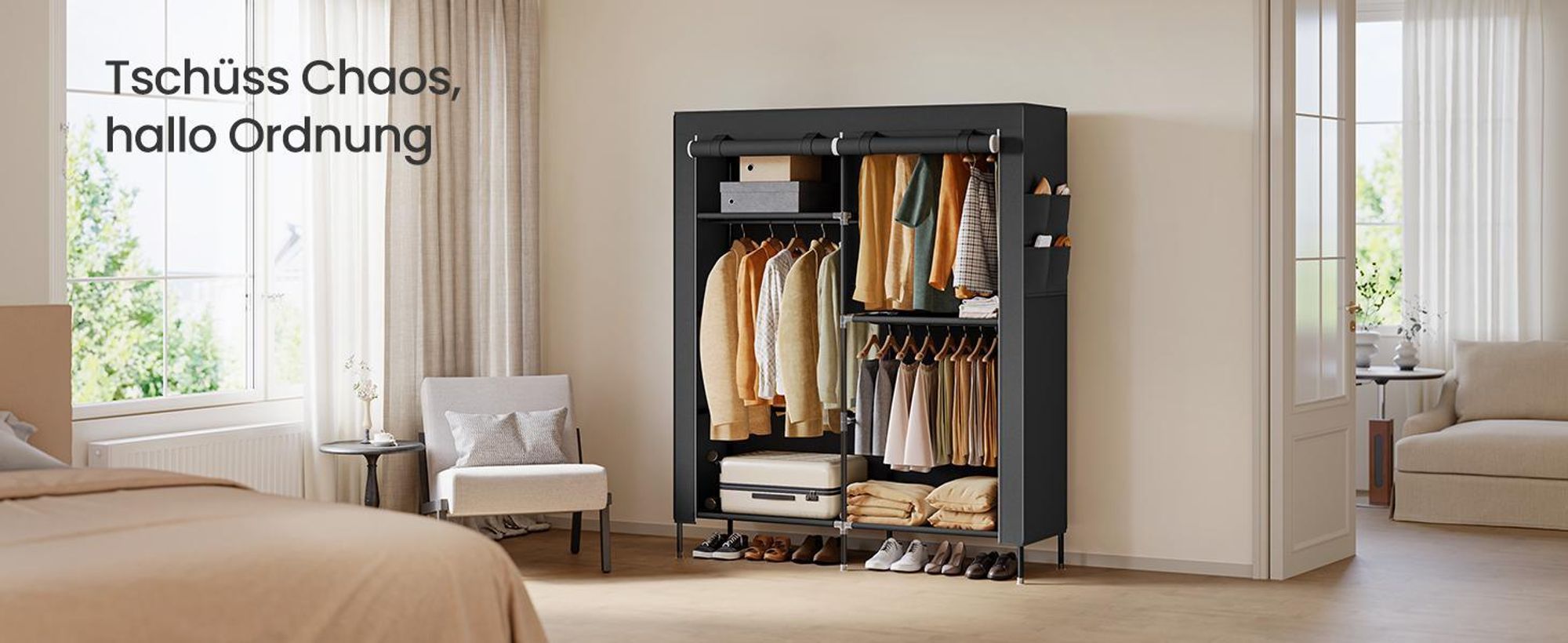 SONGMICS Stoffschrank mit Kleiderstange, Kleiderschrank mit Seitentaschen, Schrank für Schlafzimmer, 4 Hängefächer, schwarz