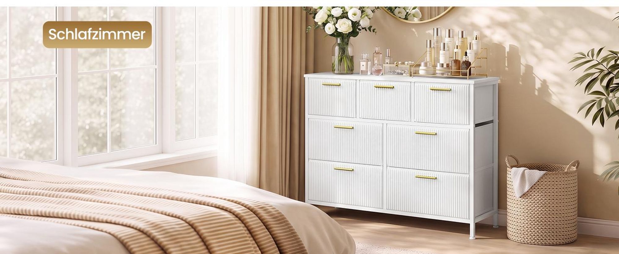 SONGMICS Kommode mit 7 Schubladen, Wohnzimmerschrank im Cord-Design, 98,7 x 30 x 74,7 cm, Weiß