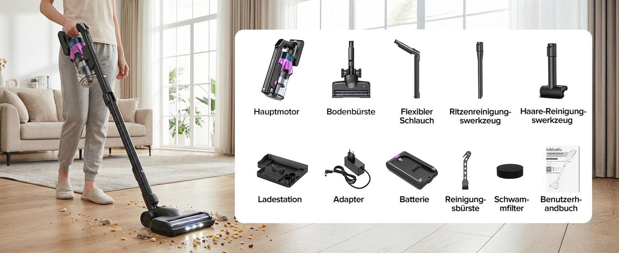 Lubluelu Akku-Staubsauger,85000PA/ 650W/70Min, Staubsauger Kabellos Mit Selbststehendes Design, Flexibles Biegegelenk, Anti-Tangle Bodenbürste,G30