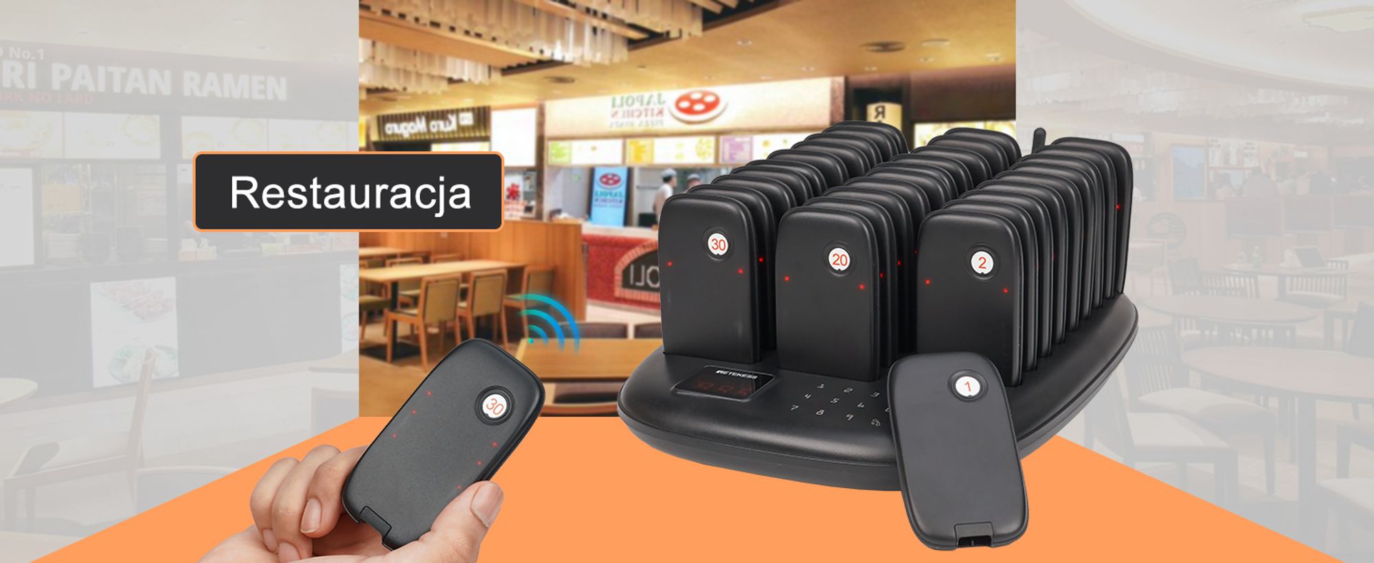 System przywoławczy Retekess TD175P dla restauracji, 30 przywoławców, zasięg 800 m, 7 trybów wywołania, 15 godzin pracy, przywoławca do food trucków, hoteli, kawiarni, barów, walkie-talkie