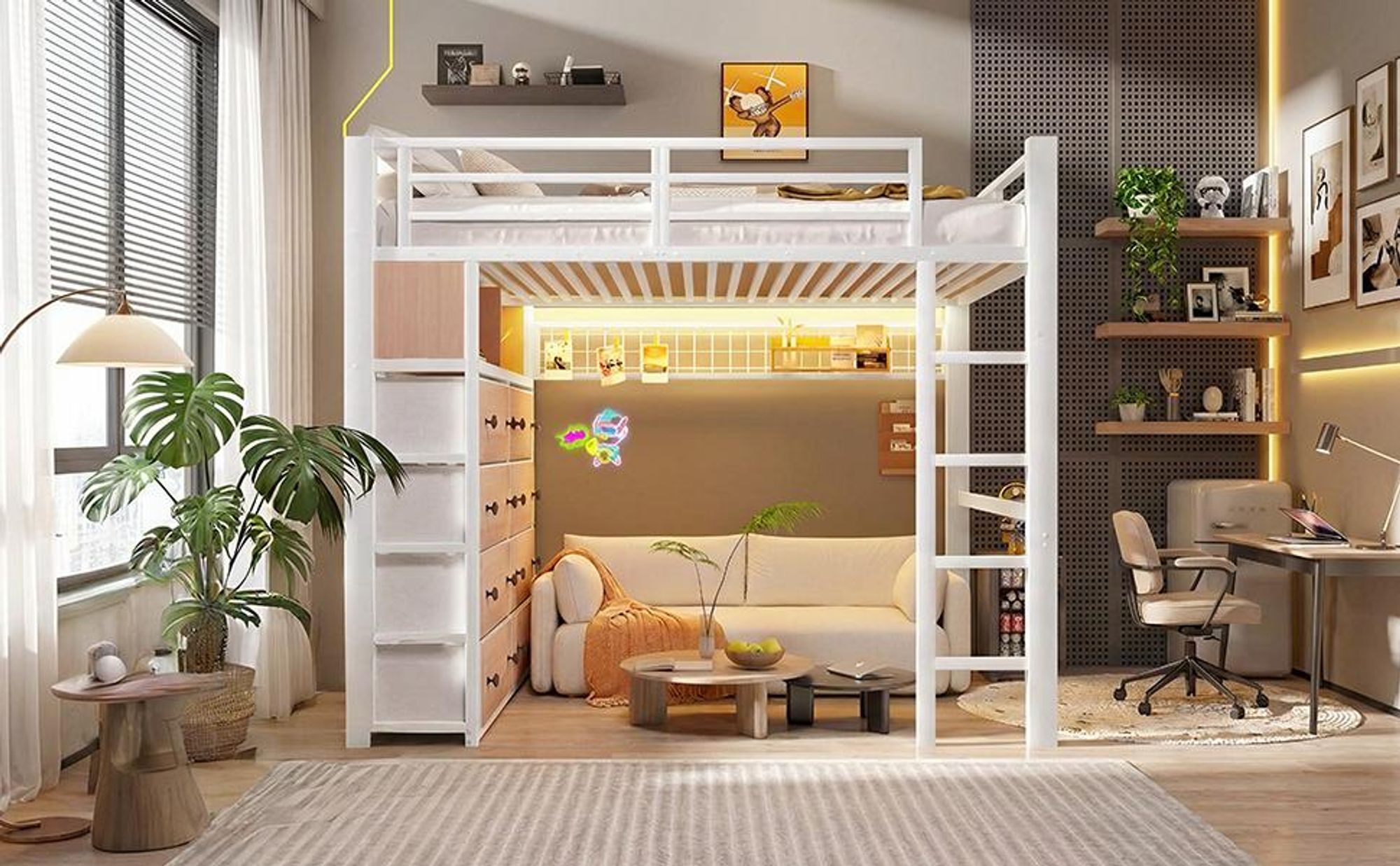 Merax Kinderbett 140x200 cm, Etagenbett mit 8 Schubladen, Metall-Kinderhochbett mit LED-Beleuchtung, Regalen & Lochwand, Hochbett, Stockbett, Weiß