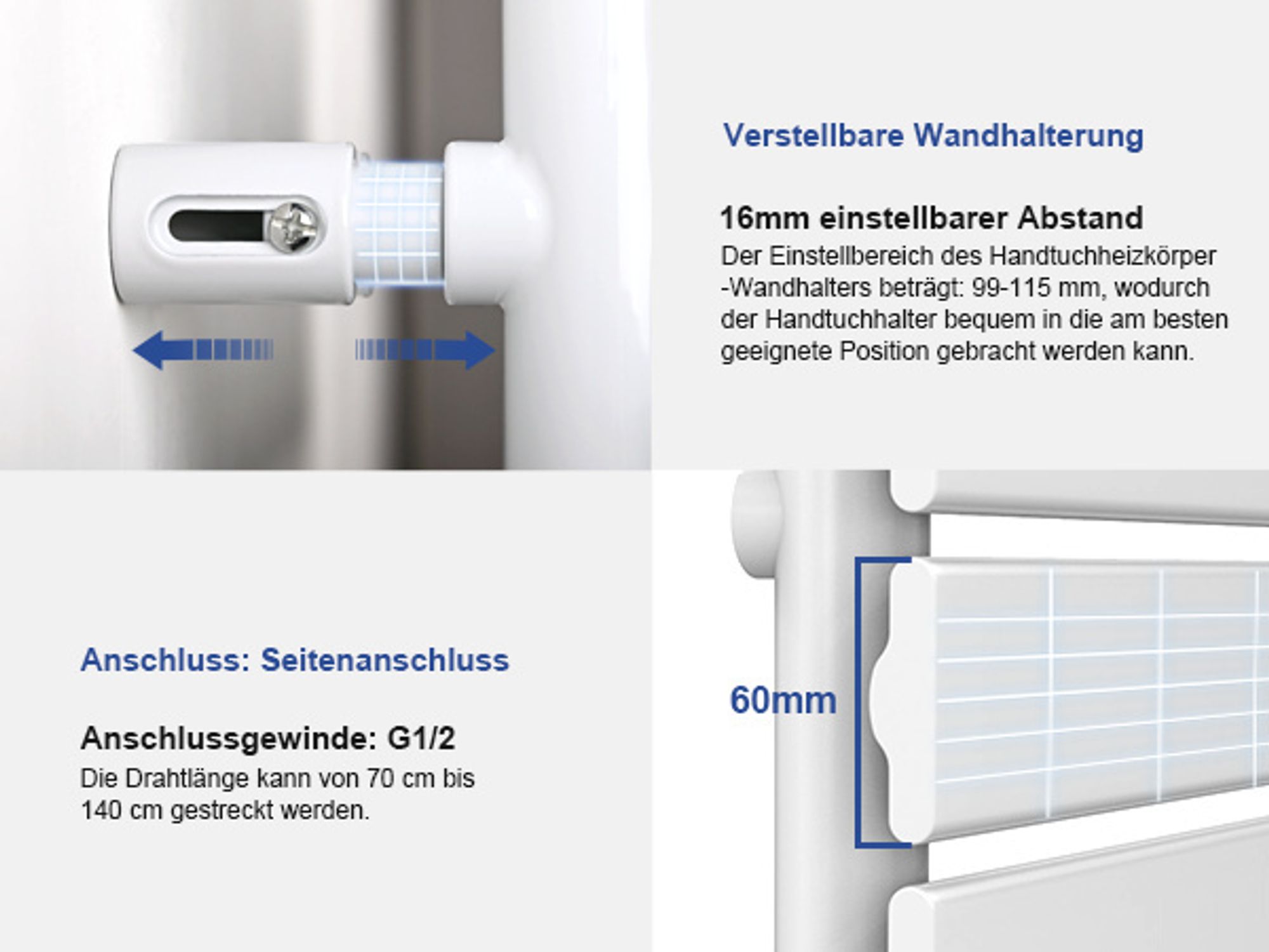 Heilmetz Handtuchtrockner Elektrisch Weiß Badheizkörper 1176 x 500mm Heizkörper Asymmetrie Design Handtuchwärmer - Montage links