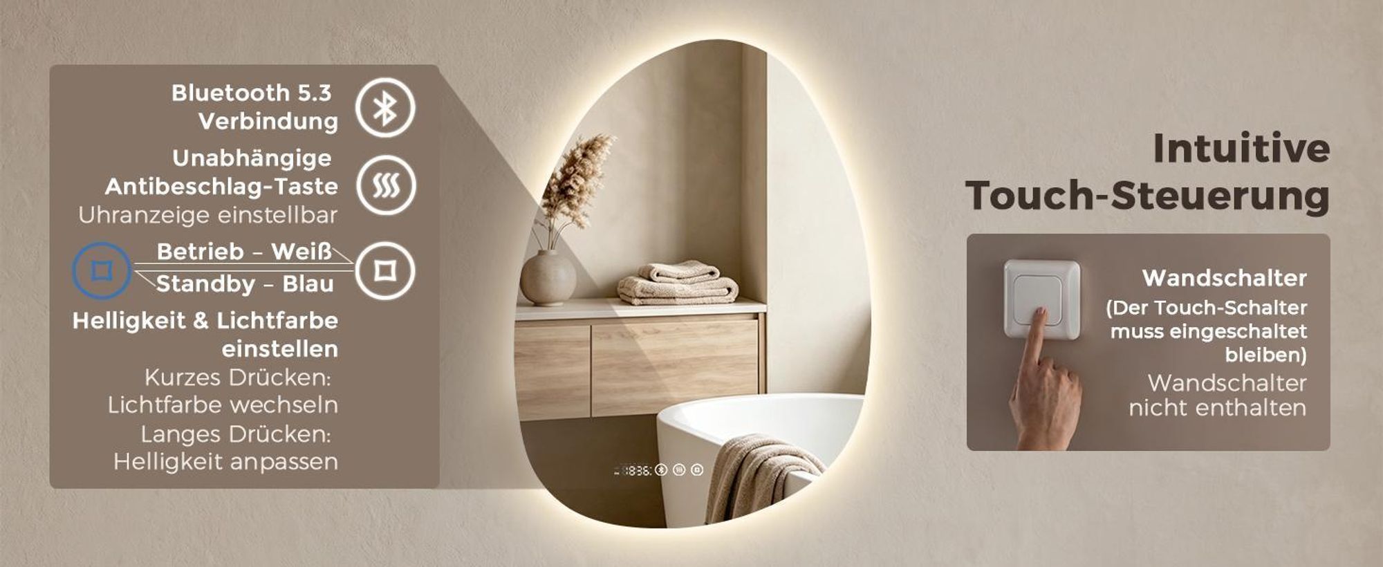 S'AFIELINA 75 x 55 cm Badspiegel mit Beleuchtung Asymmetrisch mit 3 Lichtfarben dimmbar, beschlagfrei, Bluetooth, Uhr, Temperatur, Speicherfunktion
