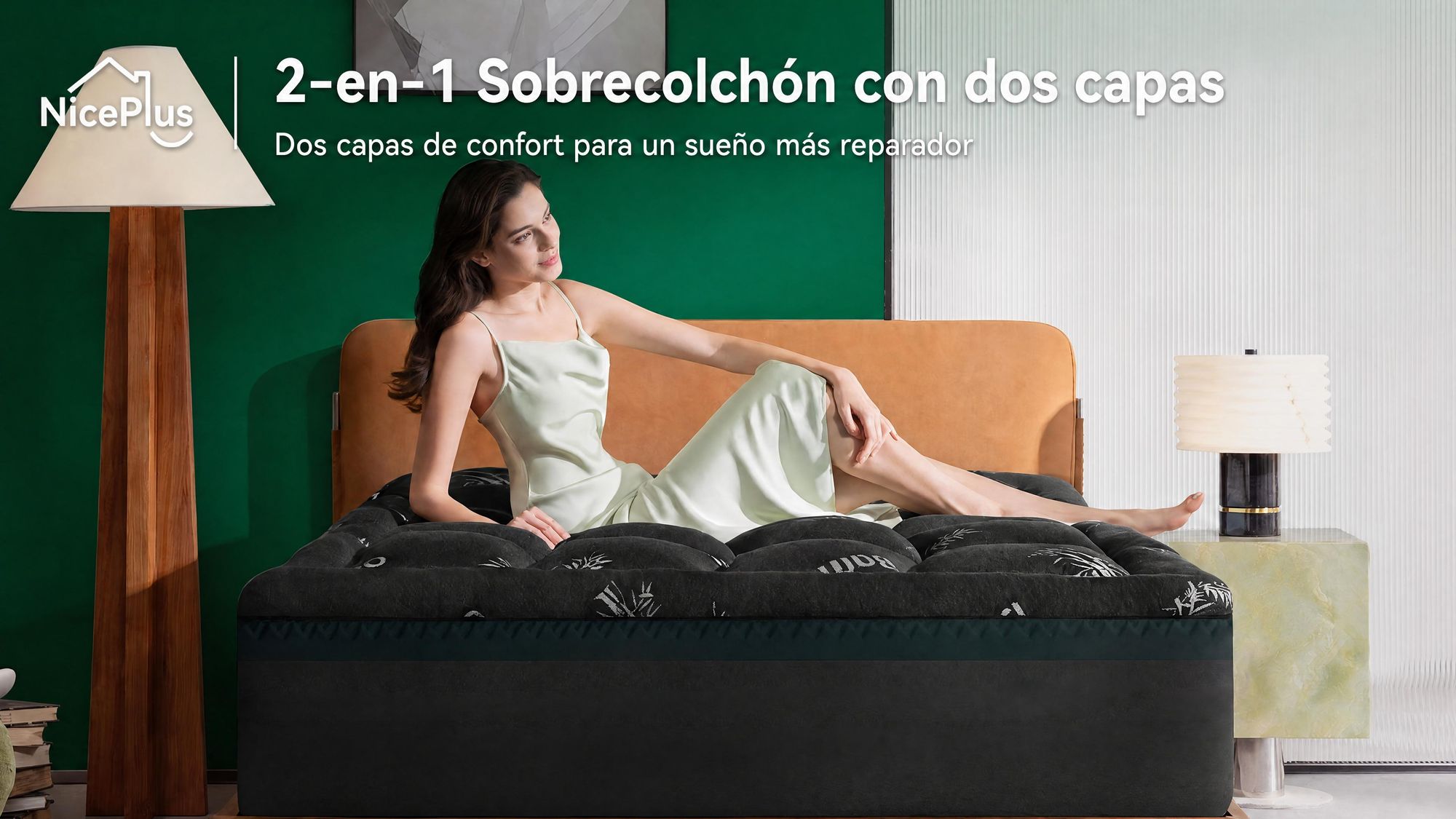 NicePlus, colchón de arriba de 2 en 1, 90x200x7 cm, espuma viscoelástica de 5 zonas + acolchado de bambú, con elásticos en las esquinas para adaptarse a todos los colchones, firmeza H2/H3, color negro