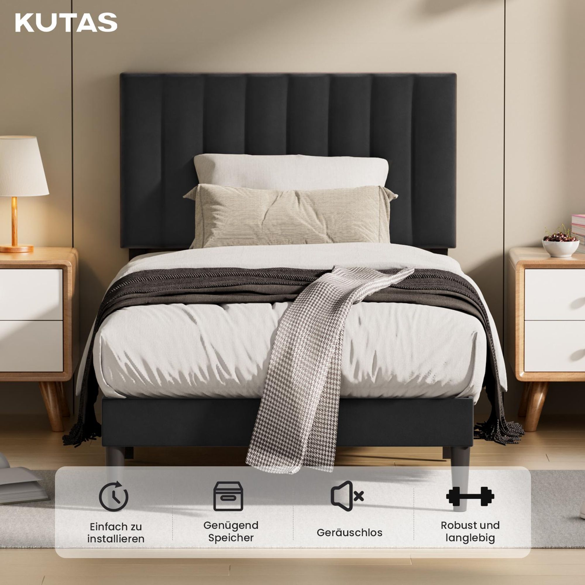 90x200 cm Polsterbett mit verstellbarem Kopfteil, Bett mit 12 Lattenrost, robustes Bettgestell für Schlafzimmer Jugendzimmer, bis 260 kg, Schwarz
