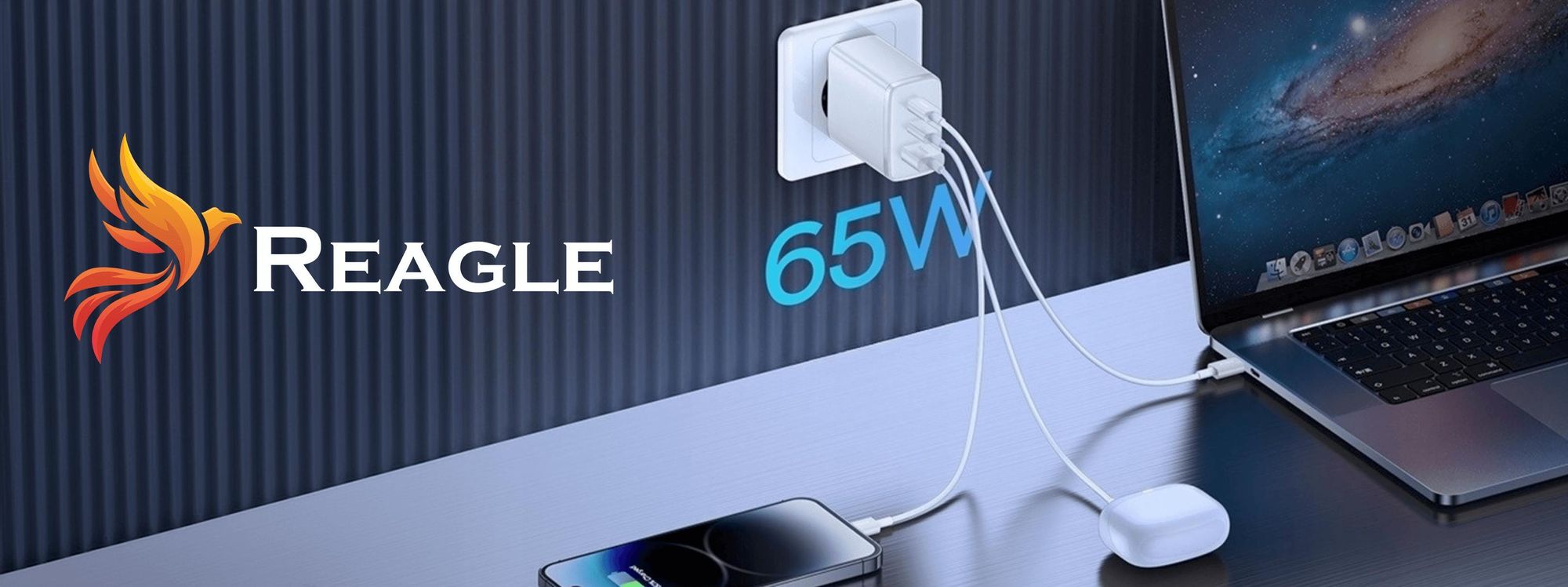 65W GaN Schnellladegerät 3 Ports USB C PD USB A QC 3.0 Netzadapter für MacBook Pro Air Laptop Smartphone Tablet iPhone Samsung Xiaomi Weiß Reagle