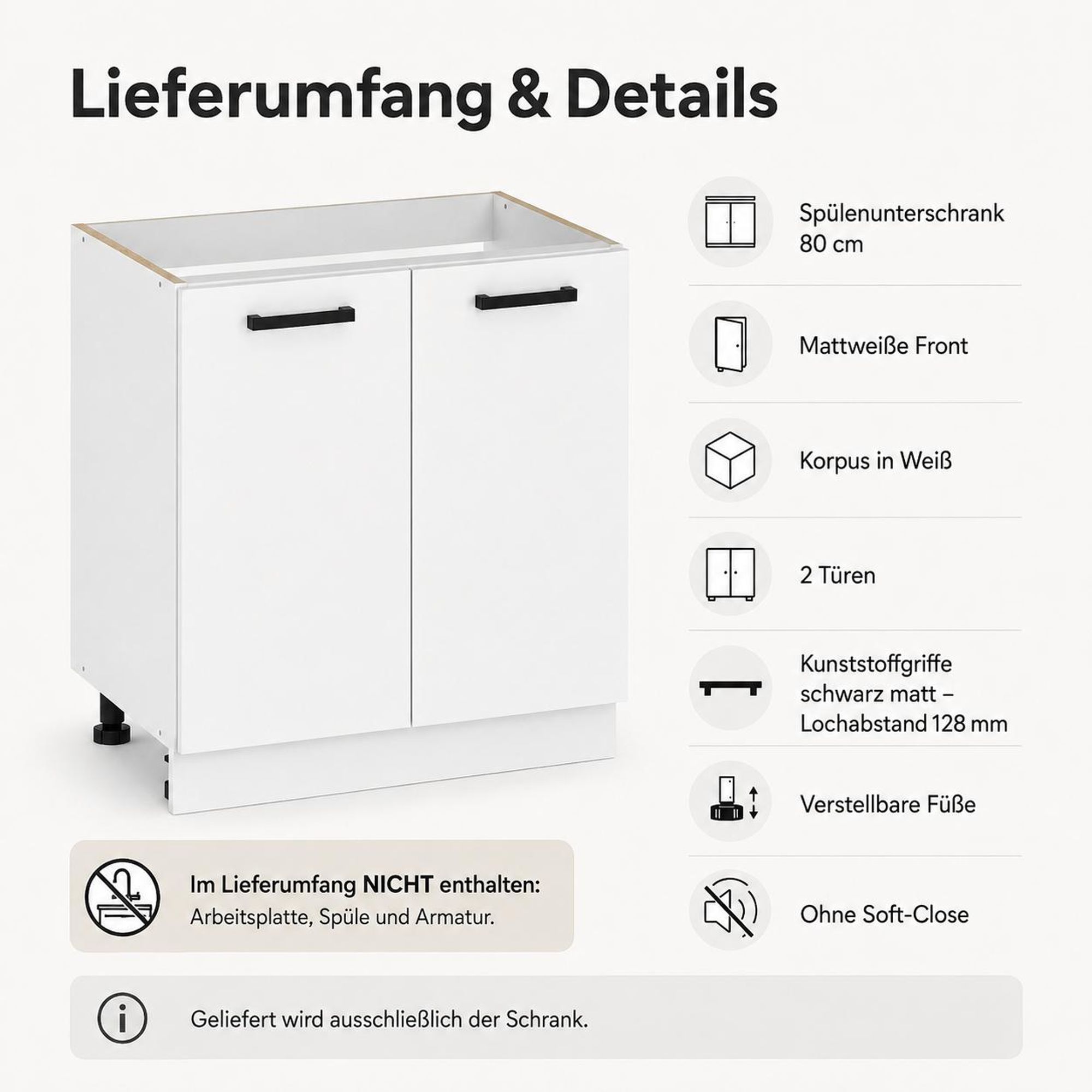 Spülenunterschrank 80 cm Weiß Matt: Lieferumfang & Details mit Griffabstand 128 mm.