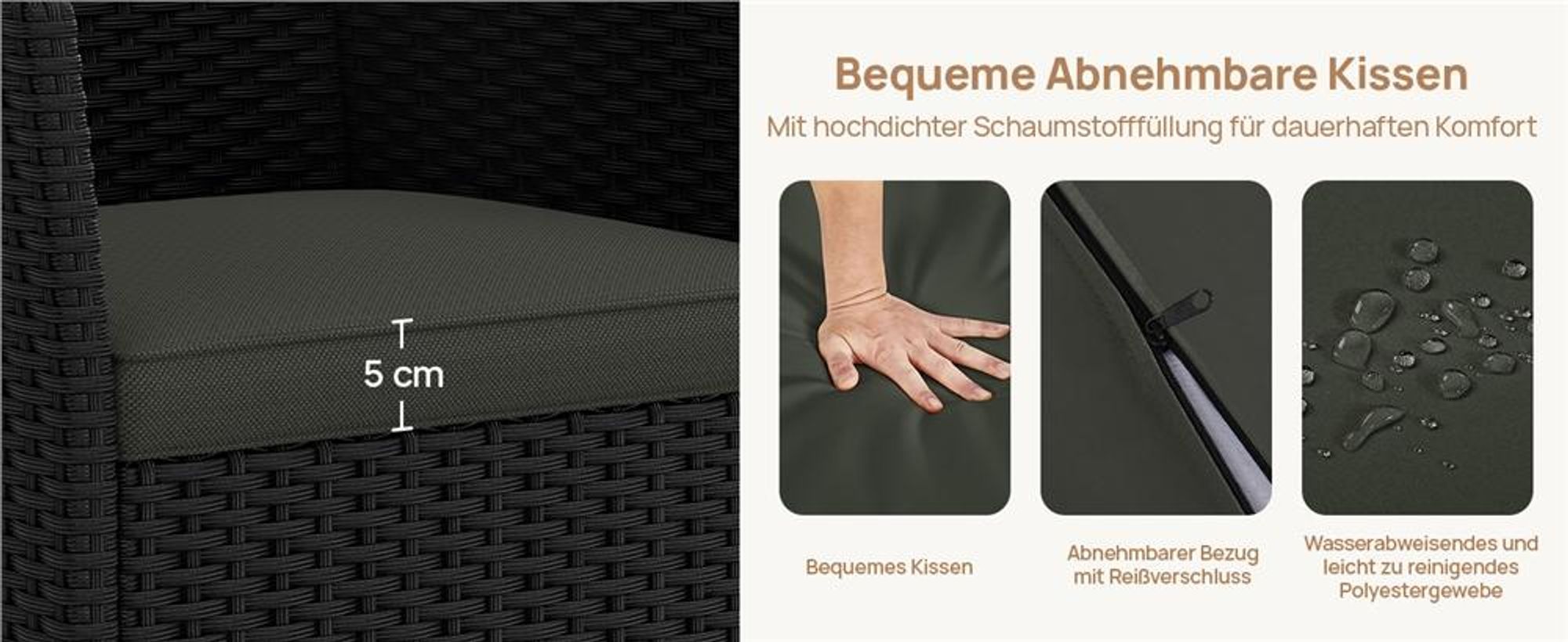 Yaheetech 2er Set Gartenstuhl aus Polyrattan, inkl. Sitz- & Rückenpolster, Gartenmöbel Set mit 2 Sessel, wasserabweisend & waschbar, Schwarz & Grau