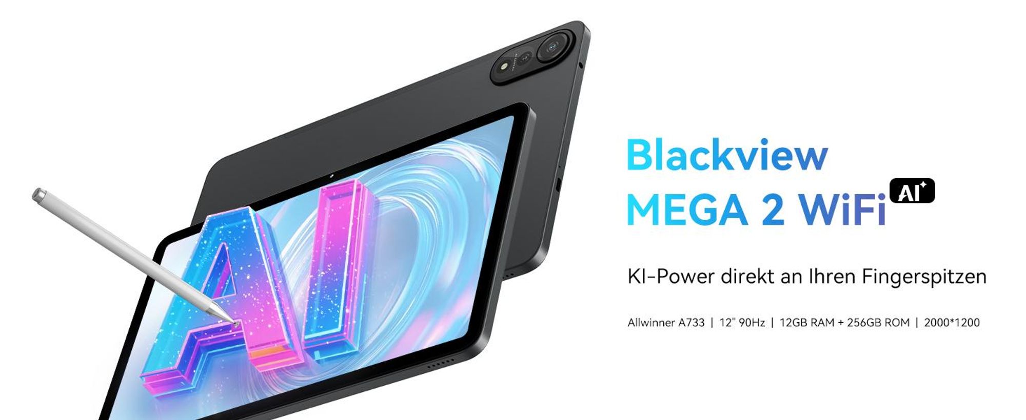Blackview Tablet  Mega2wifi, 12 Zoll, 2K, FHD, 36(12+24)GB+256GB-Blue, Android 15,  incl. Tablet-Stift, Schutzhülle, 2000*1200, 9000mAh, Gemini AI