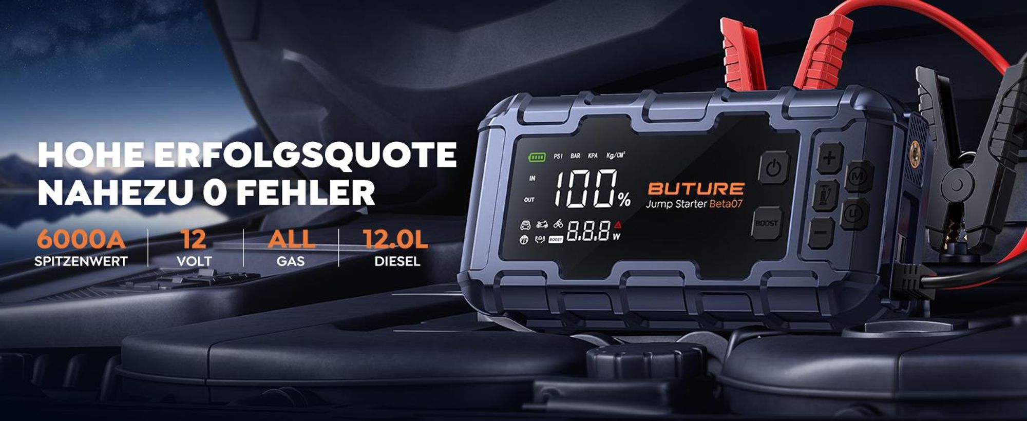 BUTURE Starthilfe powerbank für pk, 6000A Spitzenstrom, 26800mAh, 12V, 160 PSI Kompressor, Zwangsstart-Funktion, (Alle Benzinmotoren oder 12 L Diesel)