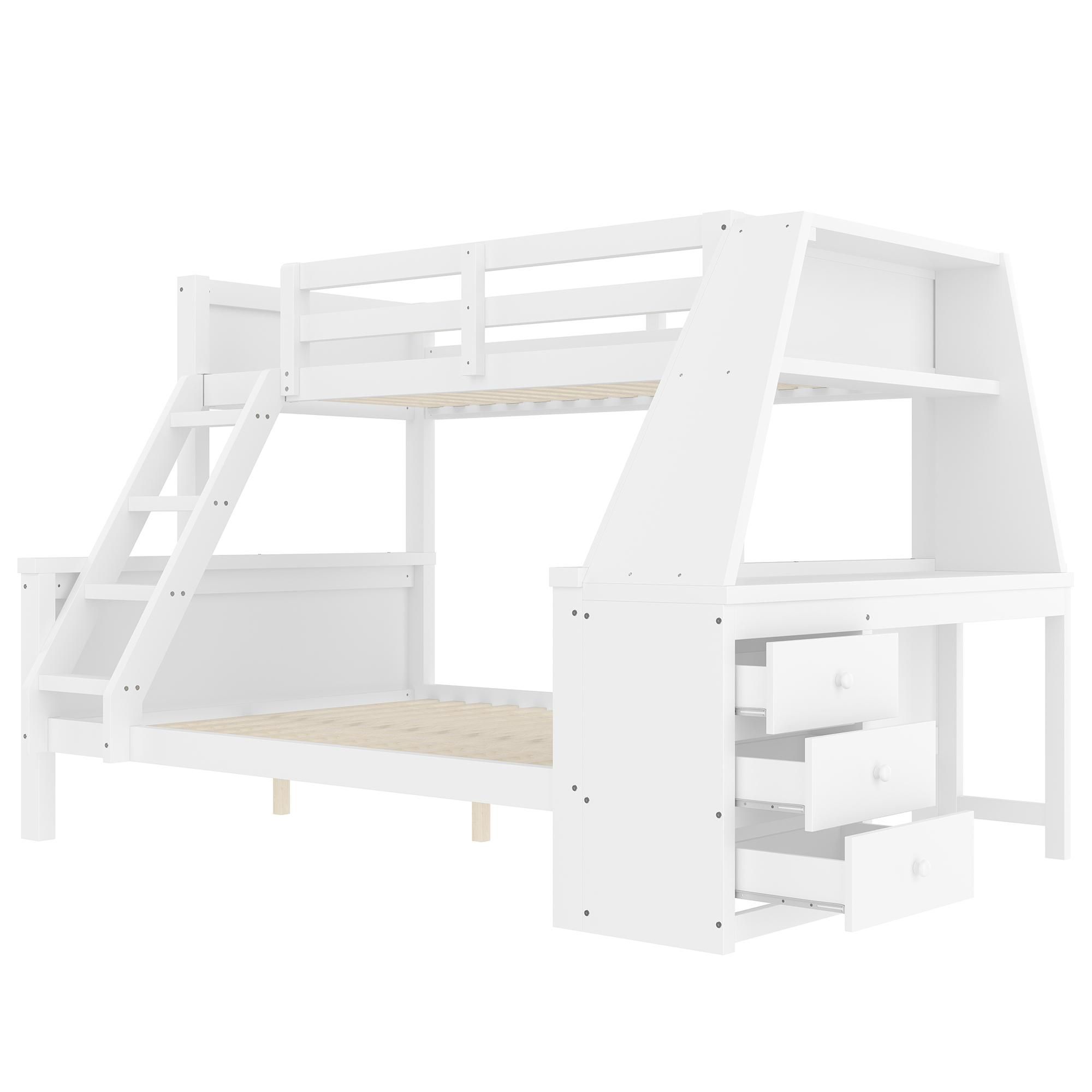 Flieks Etagenbett 90x200cm/140x200cm mit Schreibtisch und Bücherregal, Hochbett mit Rausfallschutz, Kinderbett mit Lattenrost, Stockbett Holzbett Weiß