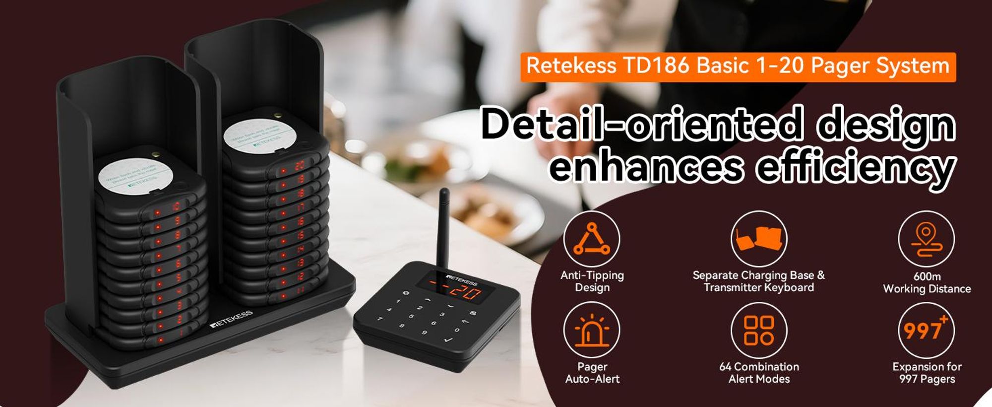 Système de bipeurs Retekess TD186 pour restaurants, 20 bipeurs, portée de 600 m, conception à bascule, 64 combinaisons d'appel, fonction de réveil automatique, pour restaurants, bars et cafés