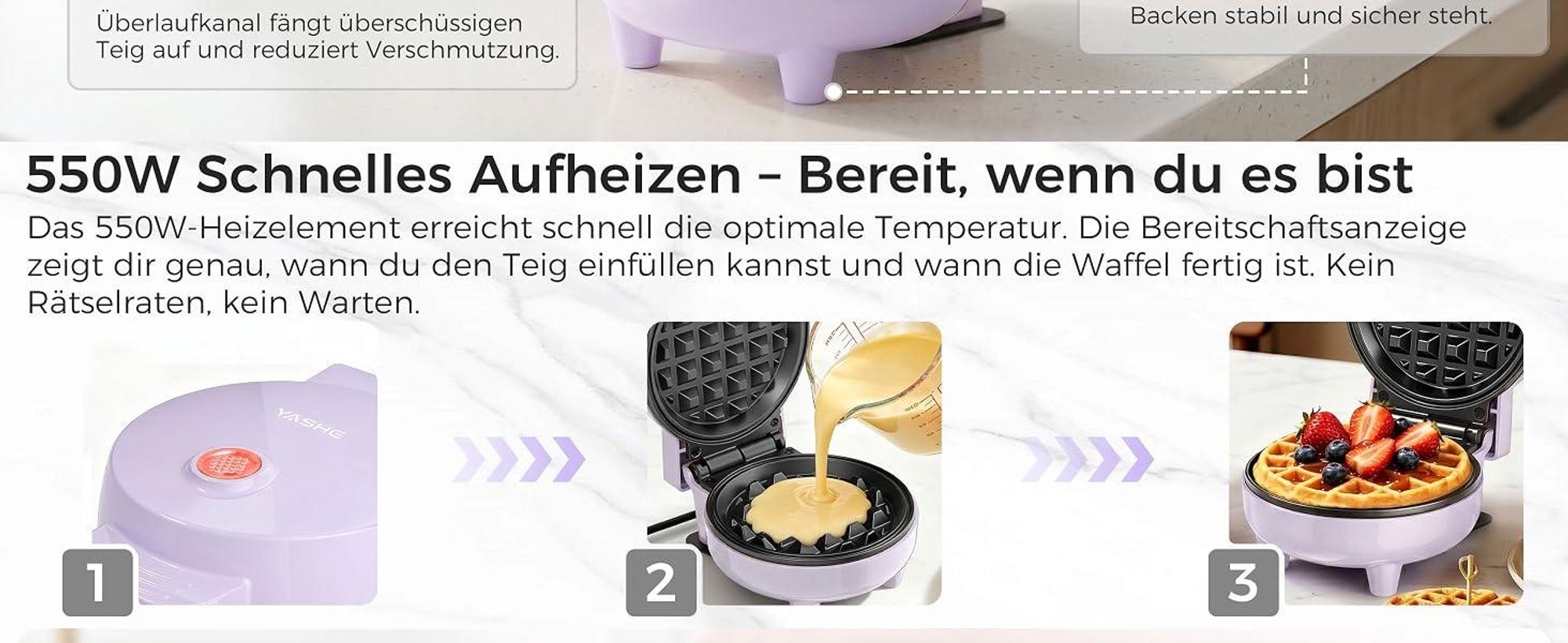 YASHE Mini Waffeleisen 550W, Antihaft-Waffelmaschine, Lila