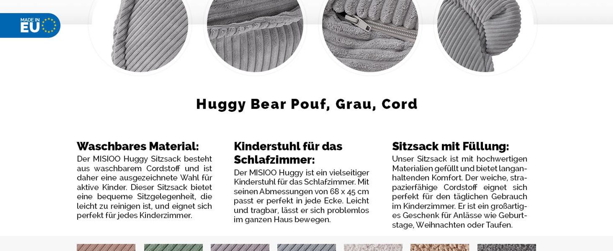 MISIOO Sitzsack Kinder – Waschbar –  – Stabile und Weiche Konstruktion – Cord-Material – 68x45 cm – Perfekt für Kinderzimmer - Grau
