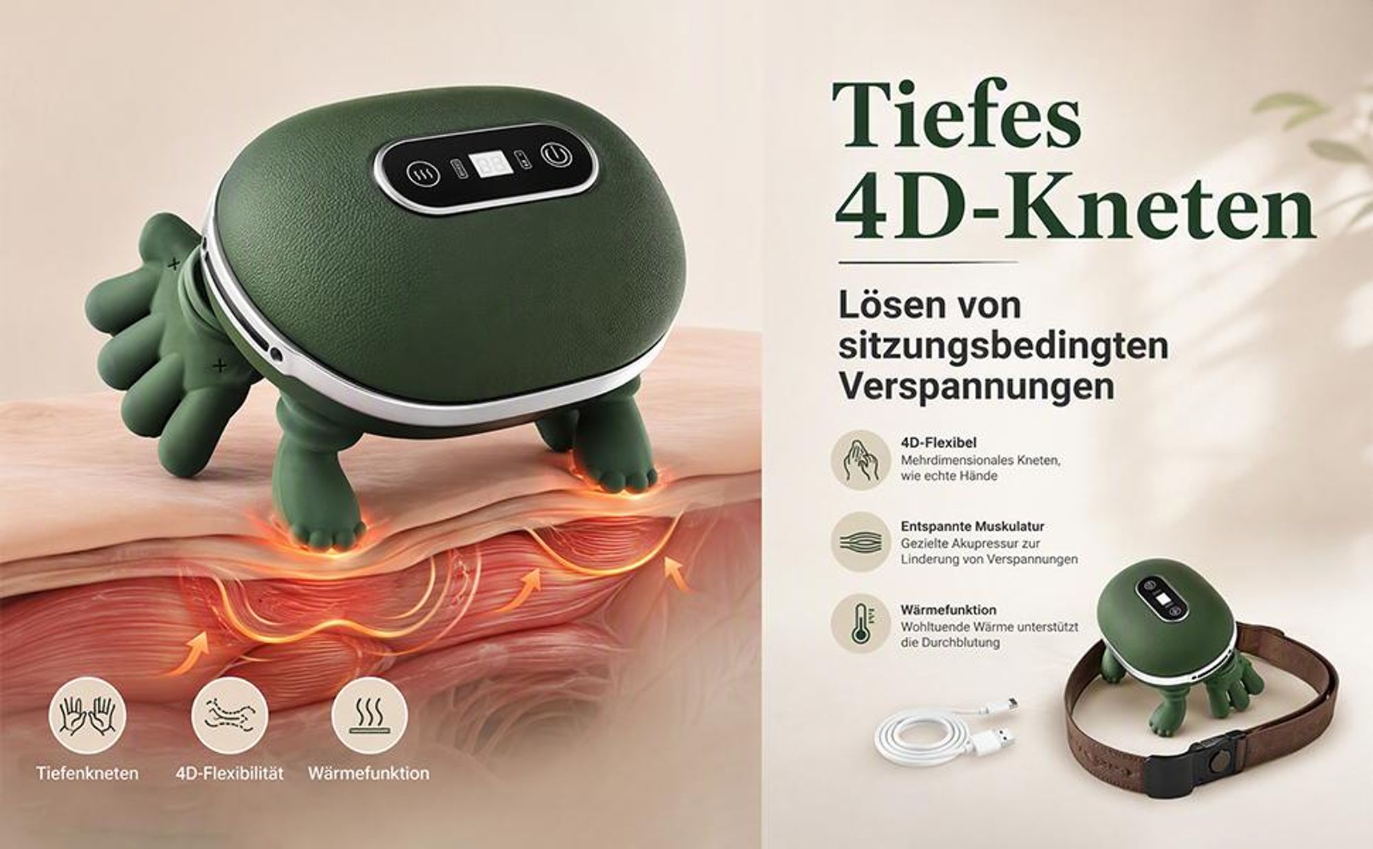 4D Nackenmassagegerät kabellos – mit Wärme (2 Stufen) & Touchscreen. Ergonomische Massage für Nacken & HWS. Ideal als Geschenk