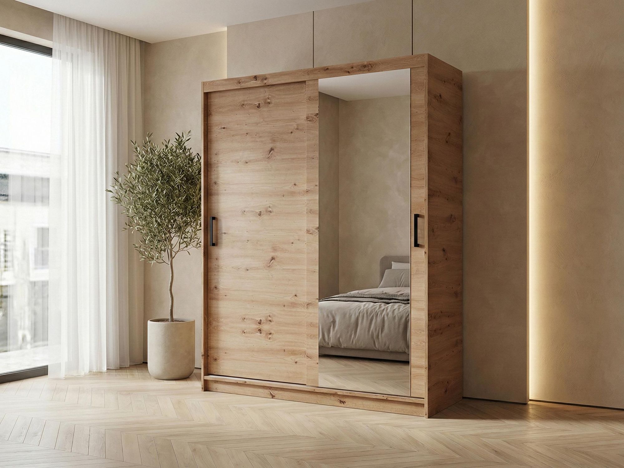 BEAUTYSOFA | Schwebetürenschrank HELA 160 cm Eiche Artisan – 2-türig Moderner Kleiderschrank mit Spiegel und Schiebetüren