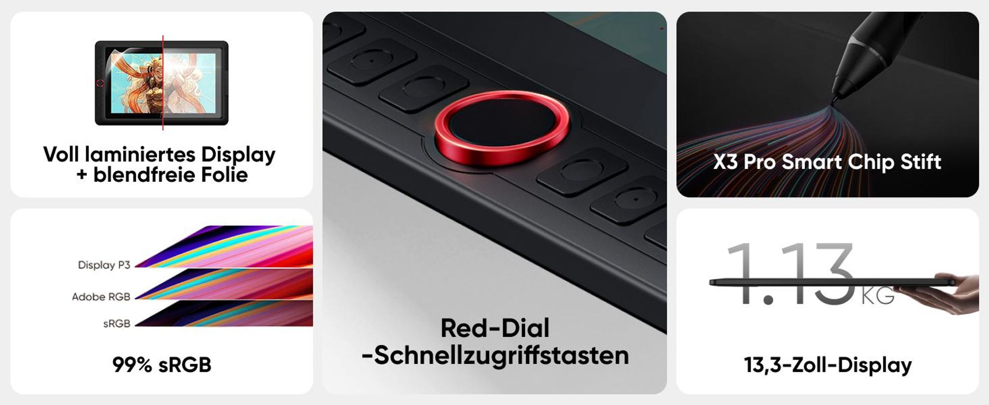 XPPen Artist 13.3 Pro V2, Kabelgebunden, 5080 lpi, 293,76 x 165,24 mm, USB, 1 cm, 0,01 mm