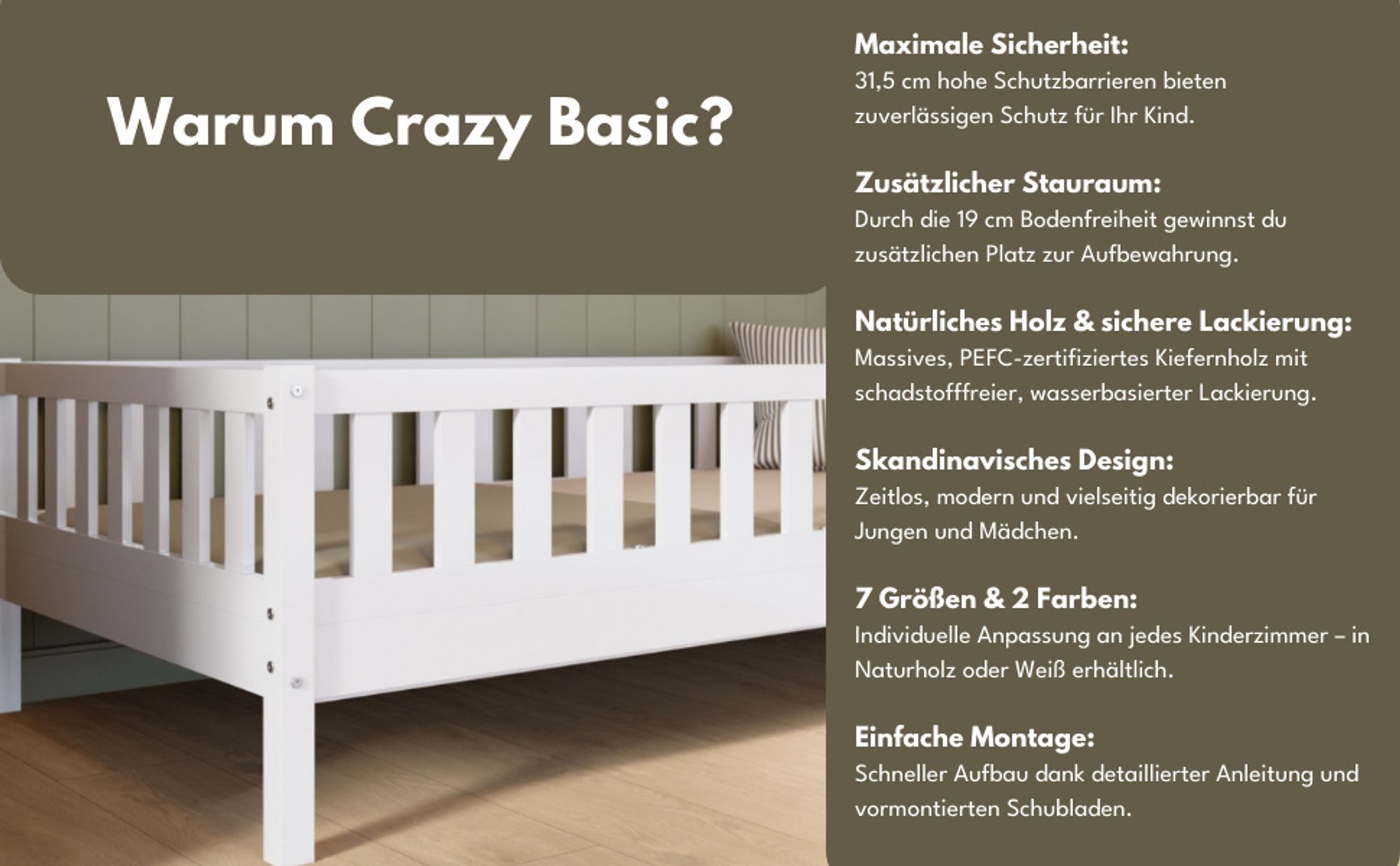 Crazy Pine Kinderbett 120x200 cm – Hohes Montessori Bodenbett aus Holz in Weiß mit Rausfallschutz – Crazy Basic