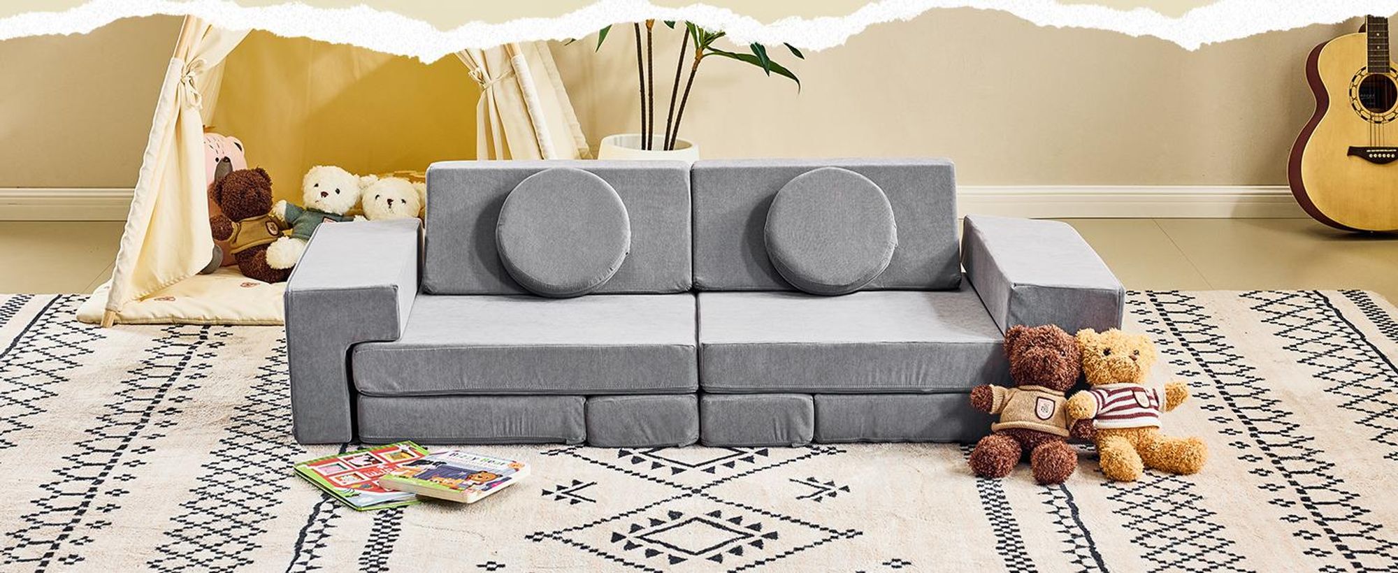 FCH Kindersofa, Multifunktionaler Spieltisch, Puzzle Sofa,12 in 1, Spielsofa,Kindersessel, für Kinder Spielzimmer, frei baubares, DIY, Kordsamt, Grau