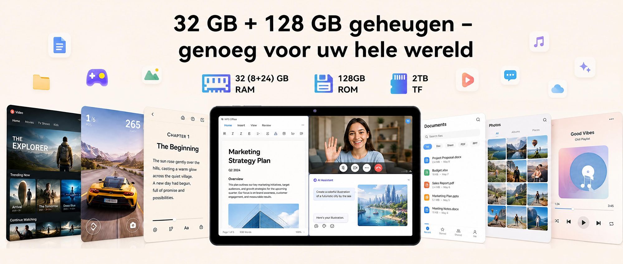 2026 W80 10.1" tablet met 120Hz, 32+128GB/2TB opslag, Android 16, Gemini AI 4.0, Widevine L1, 4G SIM + 5G WiFi, 6000mAh batterij, OTG-ondersteuning, met toetsenbord, muis, stylus en beschermhoes