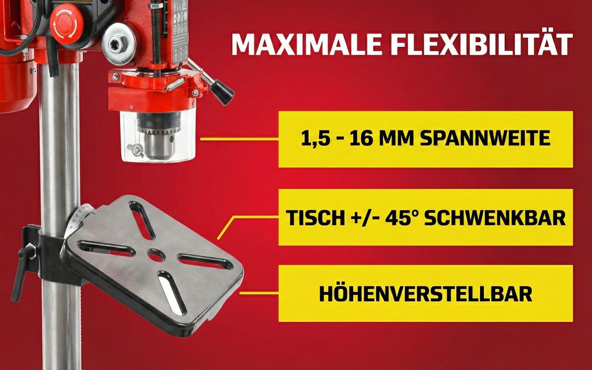 HECHT 1055 Standbohrmaschine | 500 W | 50 mm Spindelhub | 2700 U/min | 1,5 - 16 mm Bohrfutterspannweite