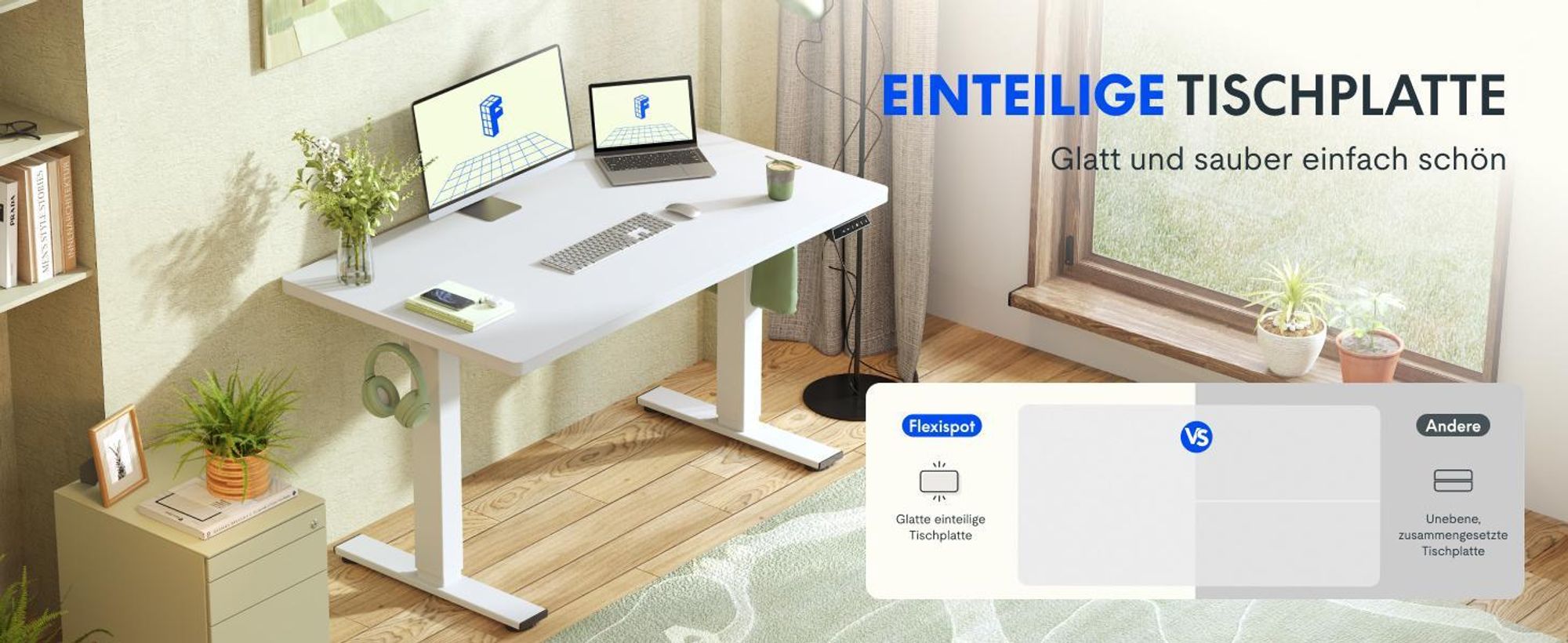 FLEXISPOT EN1 Höhenverstellbarer Schreibtisch 160x80cm, 100 kg Tragkraft, mit Anti-Kollisionsschutz, Einteilige Tischplatte, 4 Memory-Funktion (Weiß)