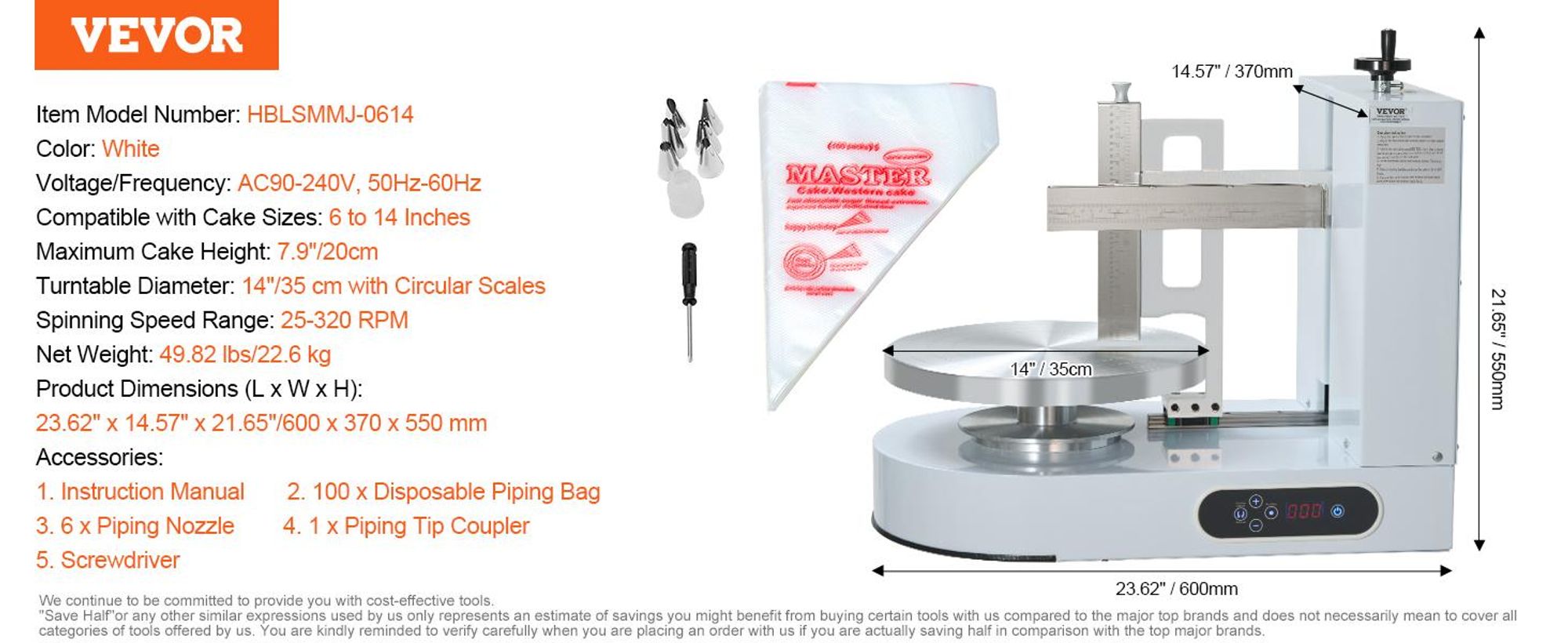 VEVOR Kuchen-Dekorationsmaschine, Kuchencreme-Verteilmaschine, leise Kuchen-Glasurmaschine, Drehteller mit verstellbarem Schaber, für 4" bis 12" Kuchen, 25-320RPM Drehgeschwindigkeit, Weiß, 6-14 in, Weiß-a